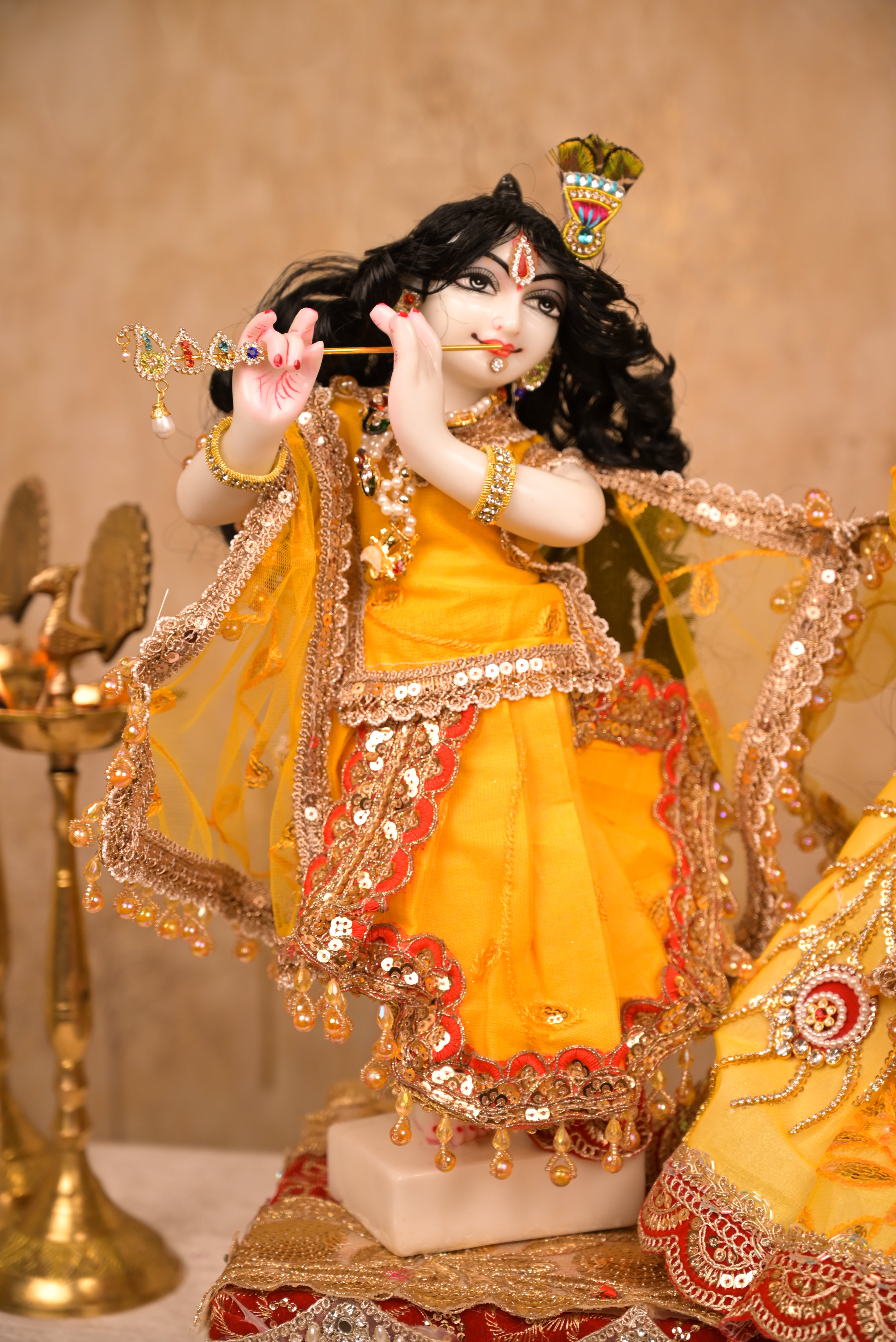Radha Krishna Poshak | Yellow & Red Net