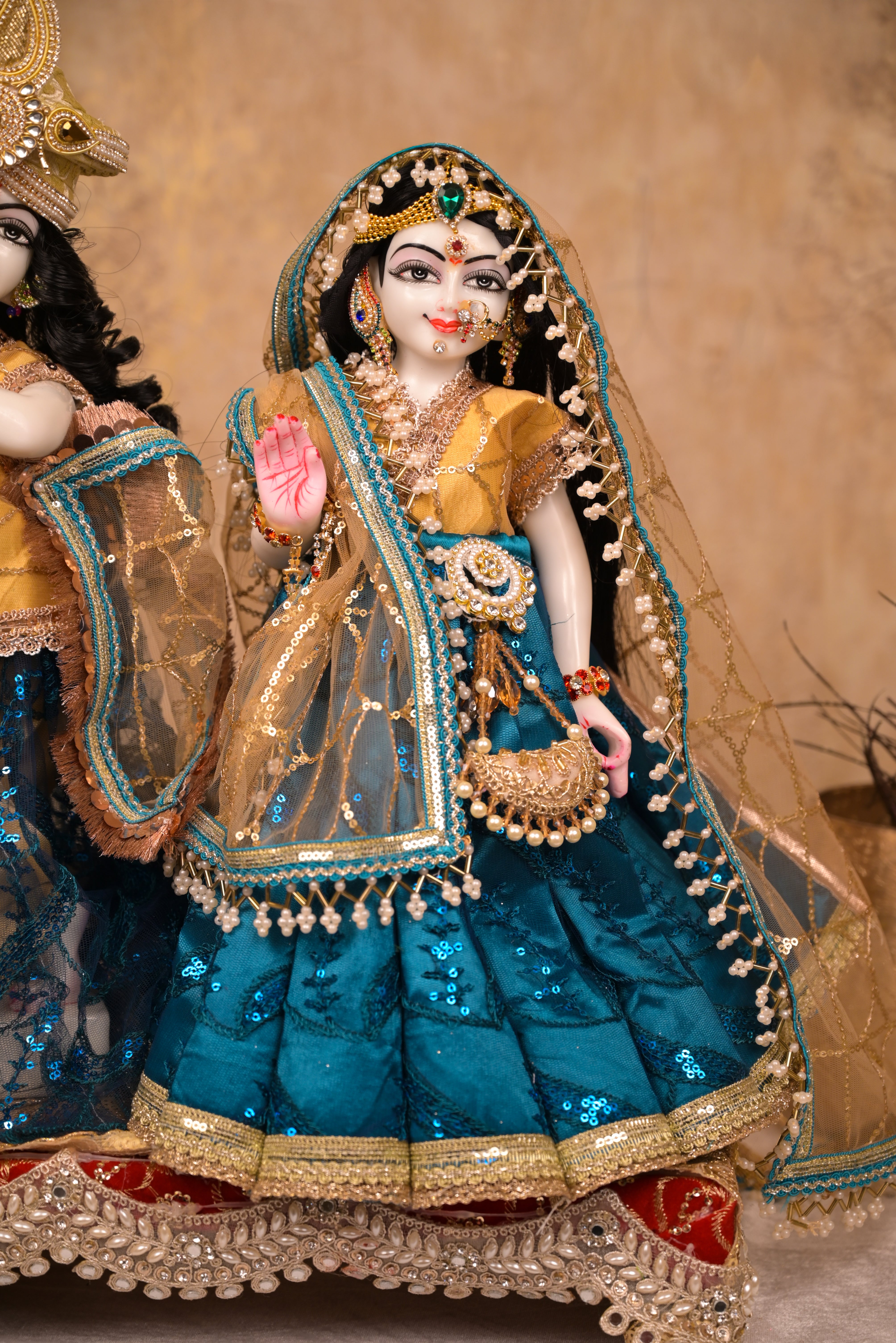 Radha Krishna Poshak | Golden & Dark Blue Net