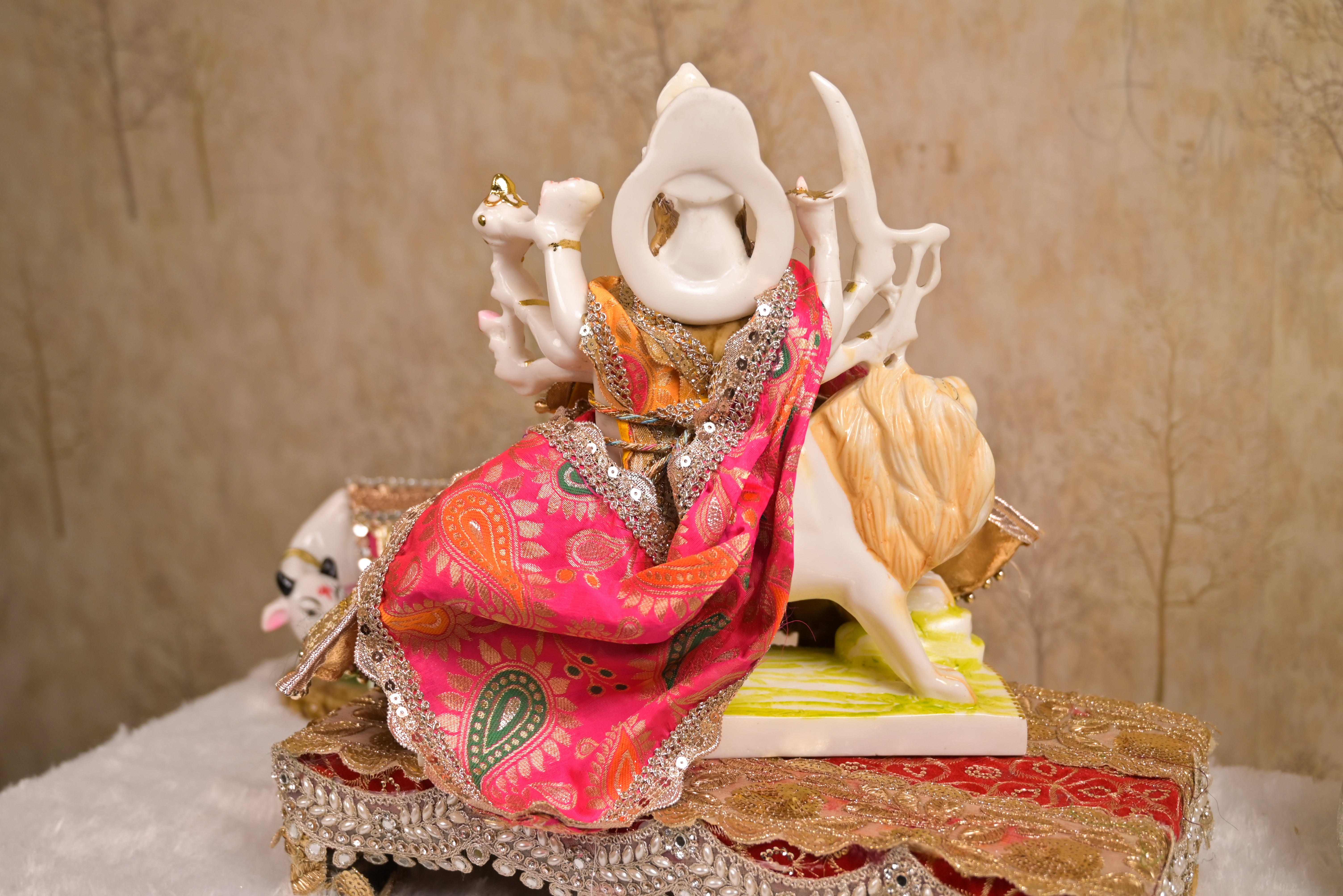 Mata Rani Poshak – Pearl Buti & Golden Lace Work Organza Kali Style Dress