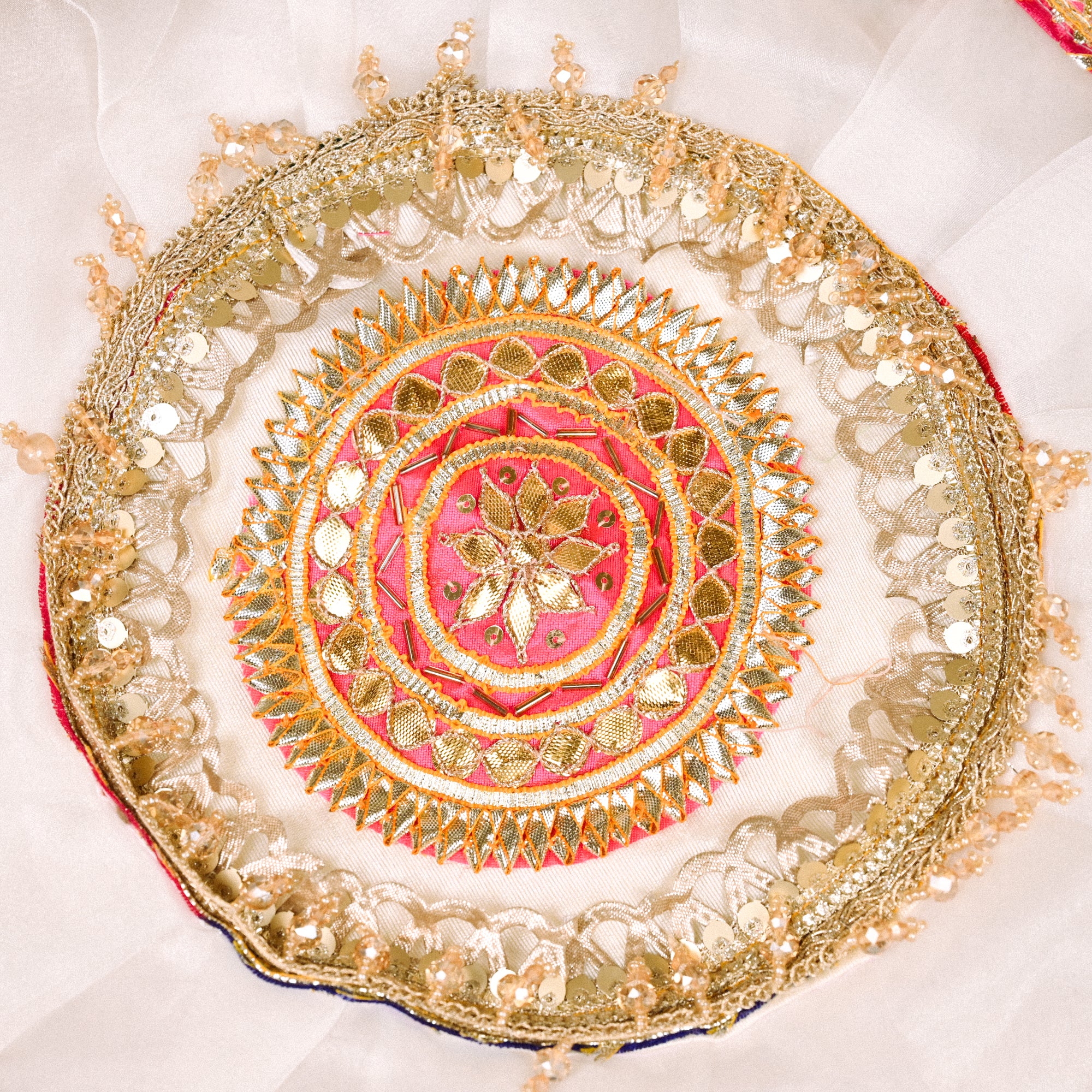 Decorative Round Thali Cover White and Pink Embroidered Design