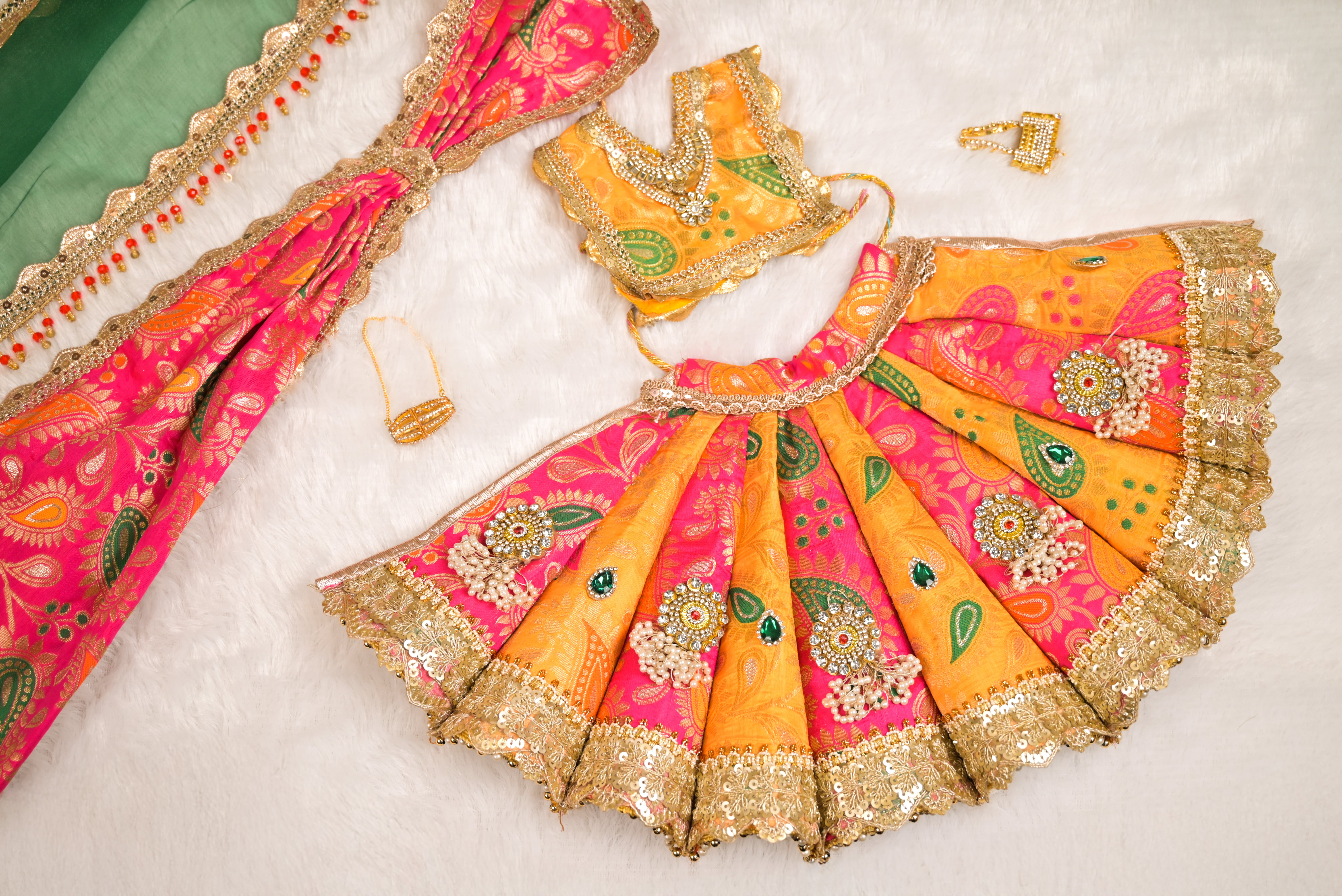 Radha Krishna Royal Yugal Jodi Poshak | Pure Banarsi Premium Silk | Pink, Mustard Yellow & Green