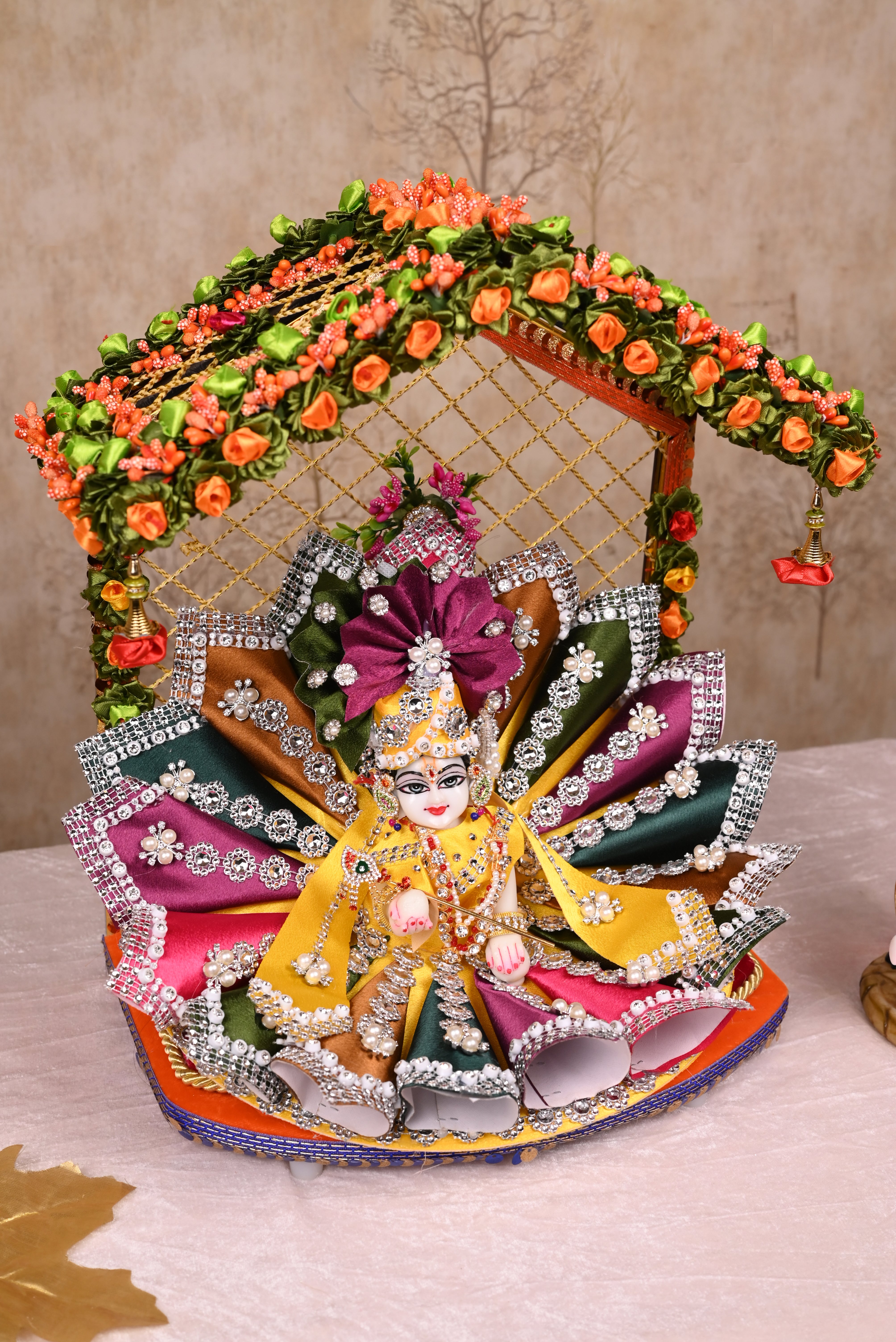 Multi-Colour Cone Style Silk Kundan Laddu Gopal Poshak