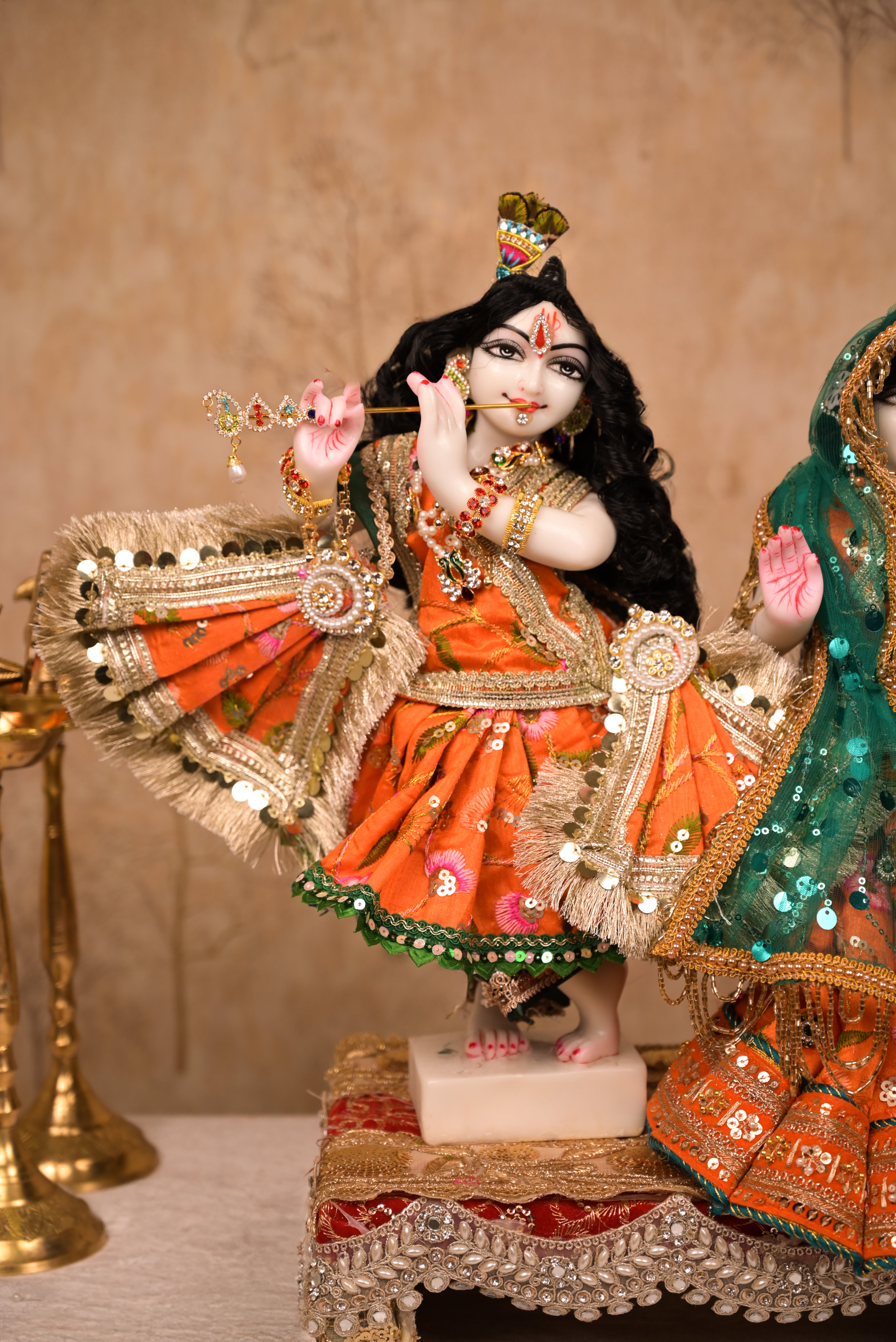 Radha Krishna Poshak | Orange, Green & Golden Silk