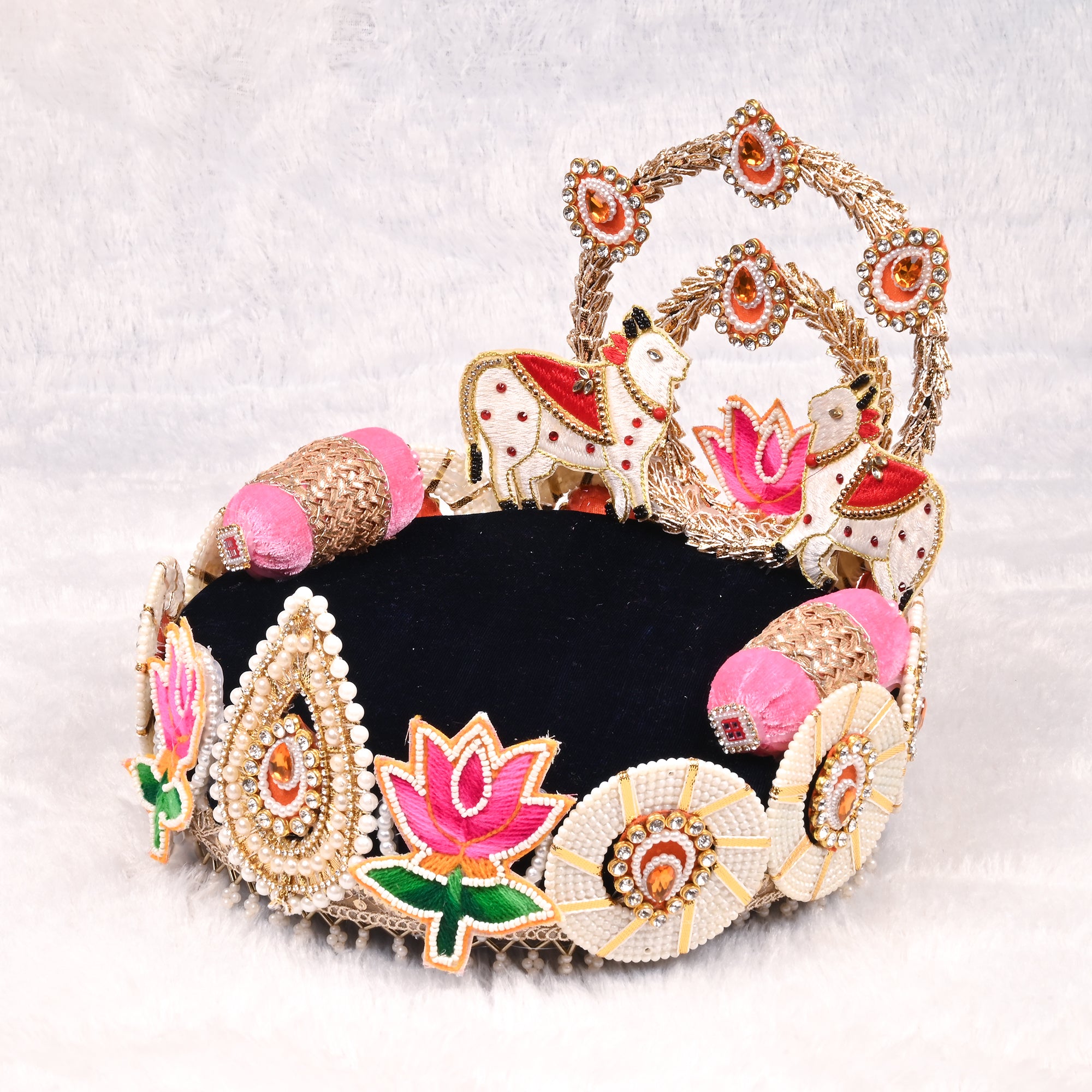 Laddu Gopal Singhasan Black and Pink Lotus Design with Elephant Backrest