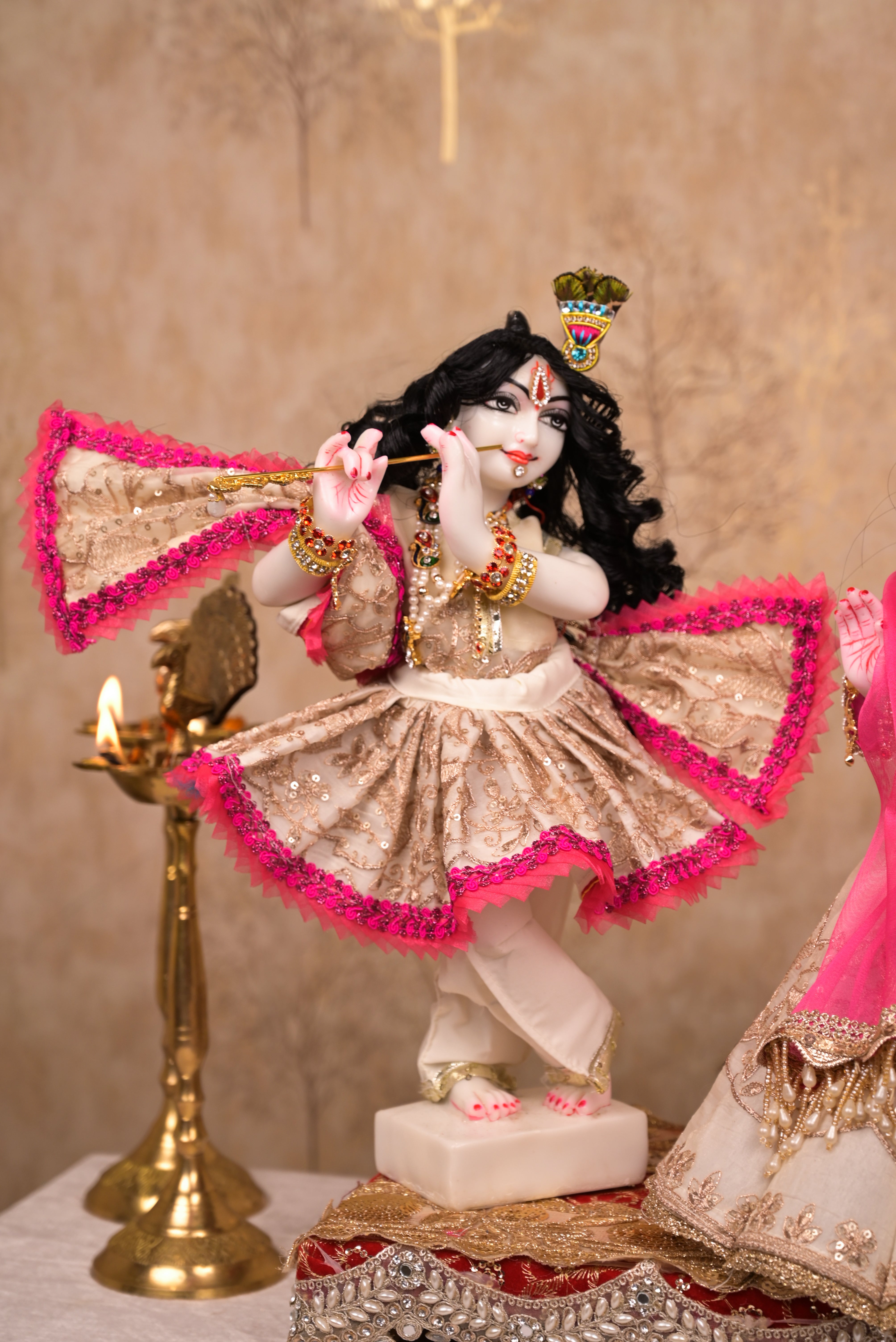 Golden White & Pink Silk Organza | Stone & Hand Embroidery Work