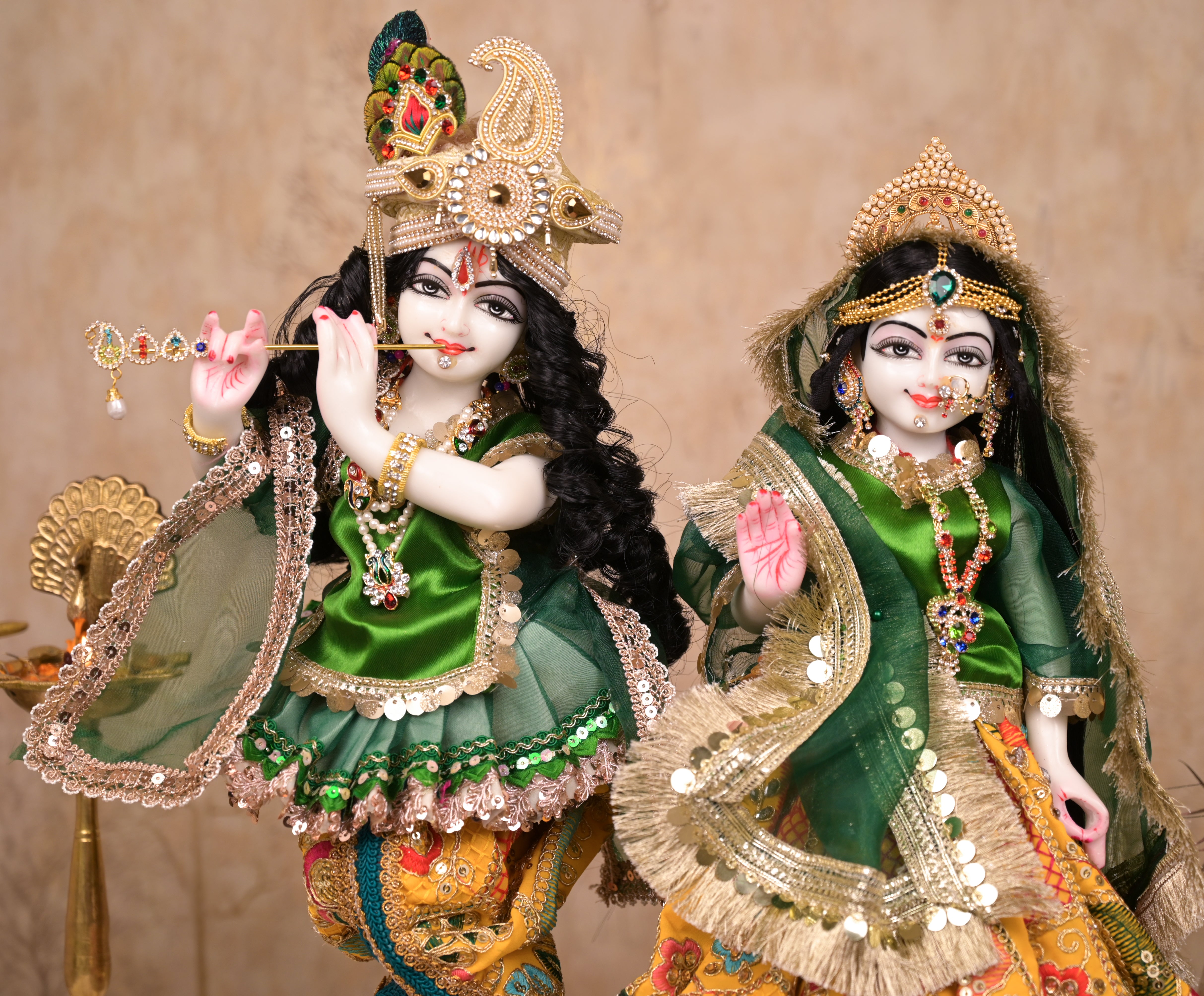 Radha Krishna Poshak | Yellow, Green & Pink Georgette