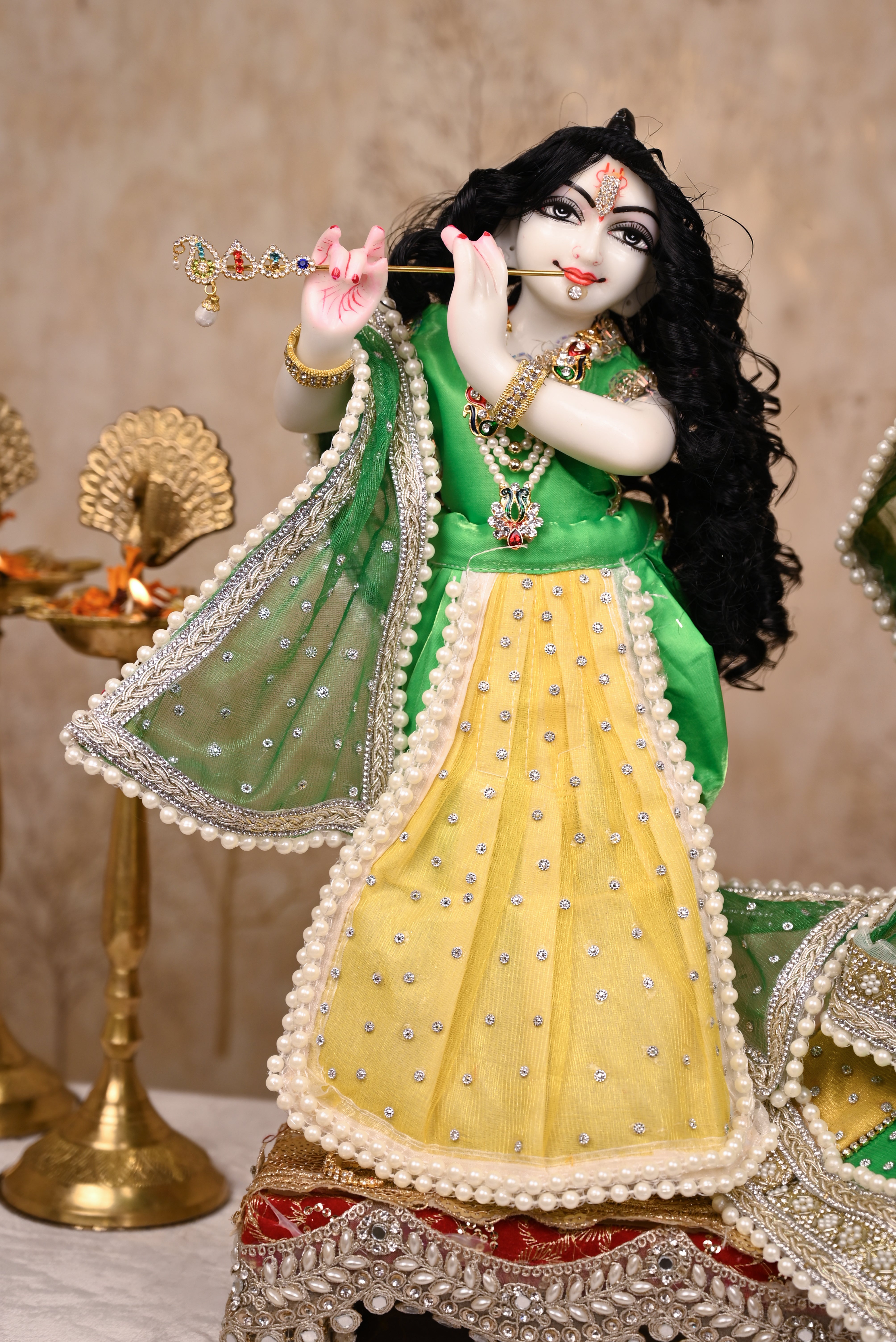 Radha Krishna Poshak | Yellow & Green Net | Festival Special