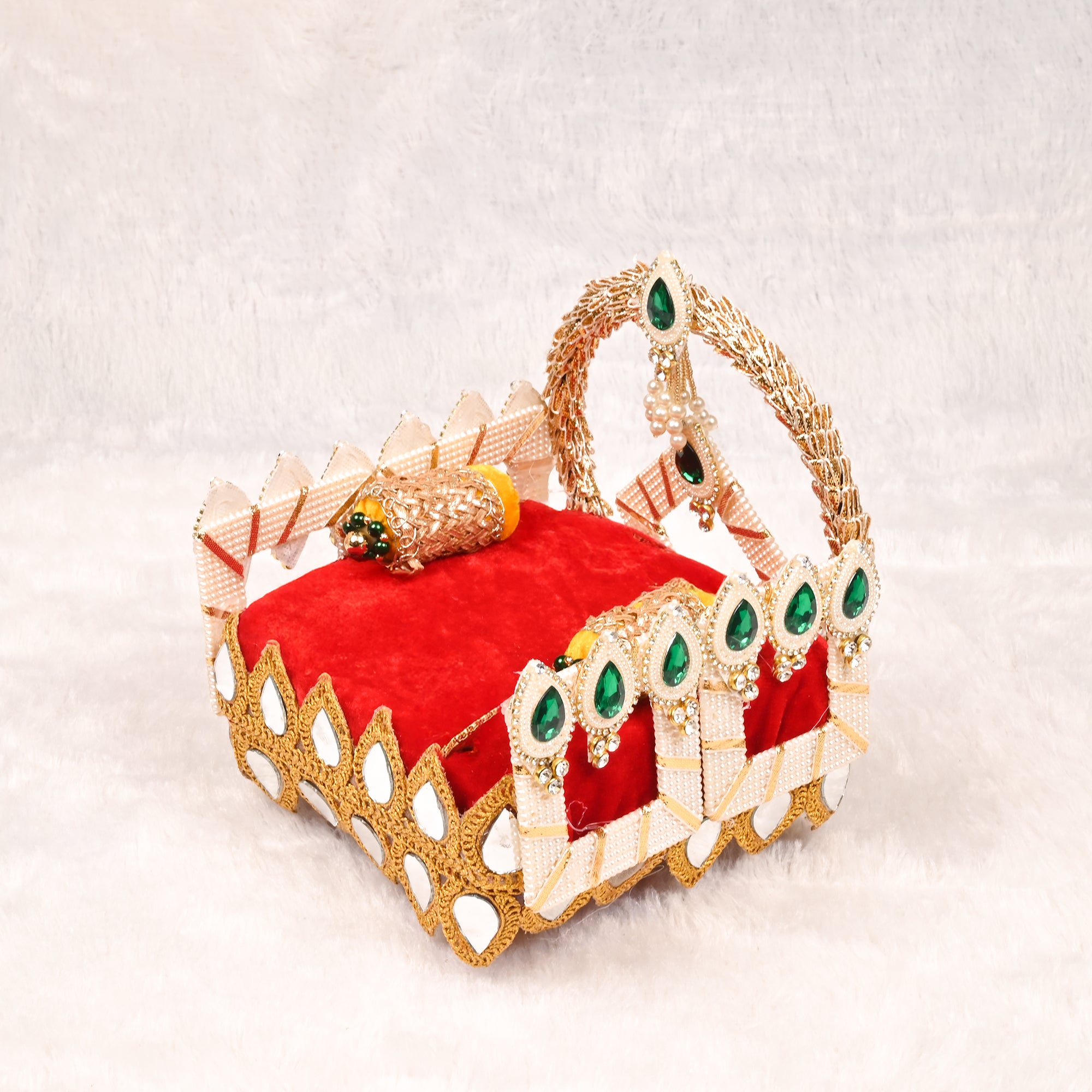 Laddu Gopal Singhasan Red Square Design with Golden Embellished Backrest