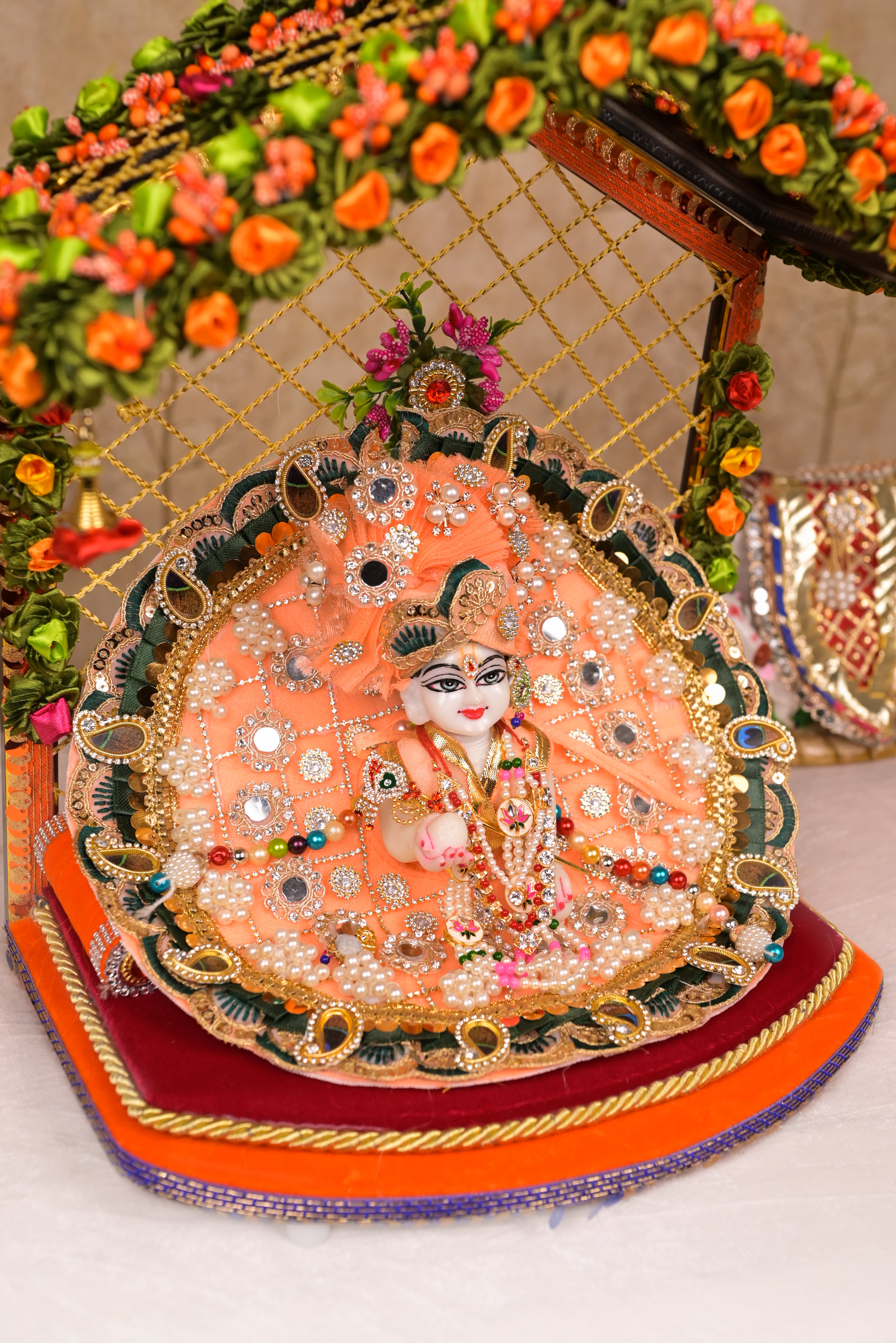 Peach & Green Mor Pankhi Kundan Net Laddu Gopal Poshak