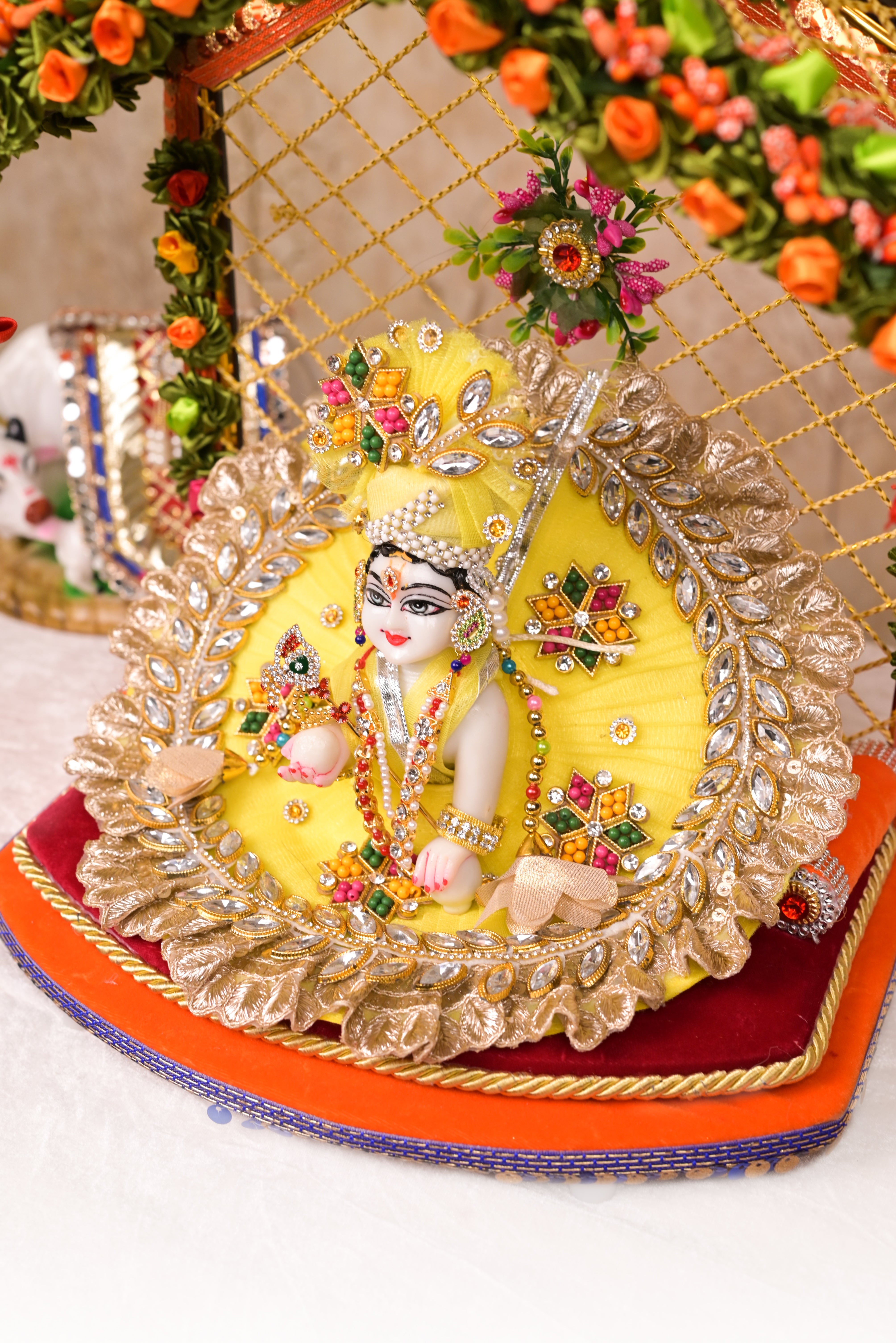 Yellow Kundan Net Laddu Gopal Poshak with Pearl Patka