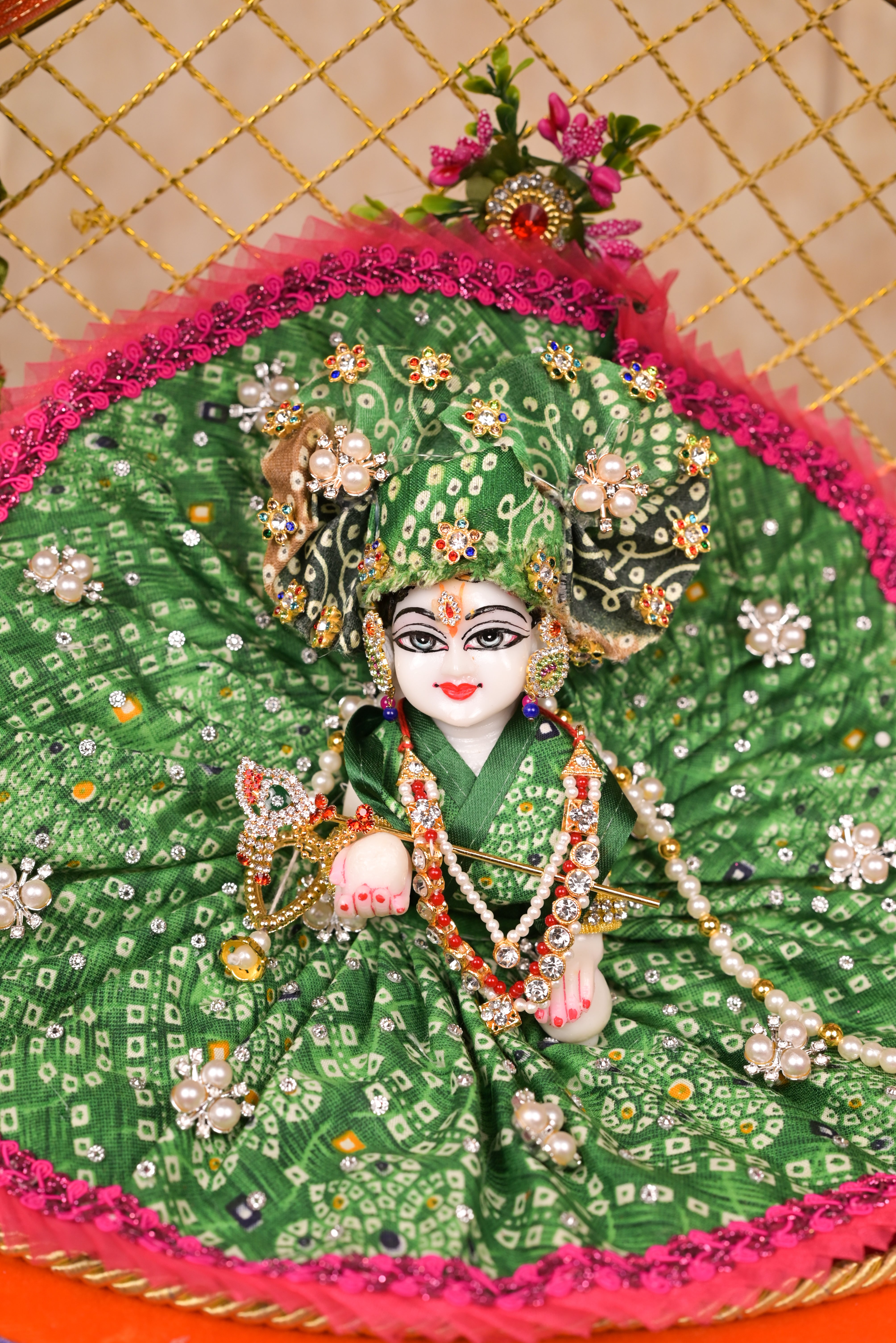 Green Bandhani Silk Laddu Gopal Poshak