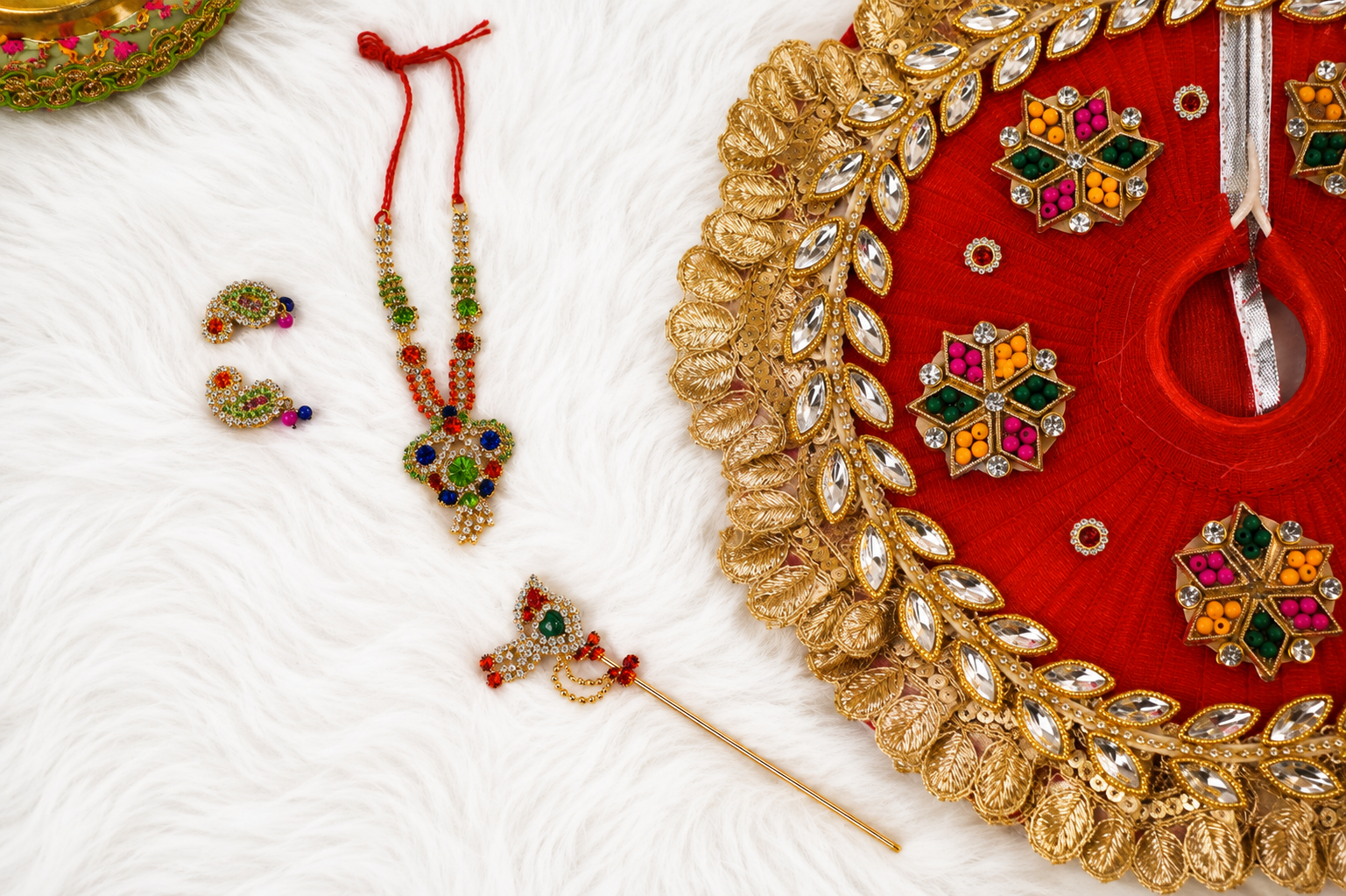 Red Kundan Net Laddu Gopal Poshak with Pearl Patka