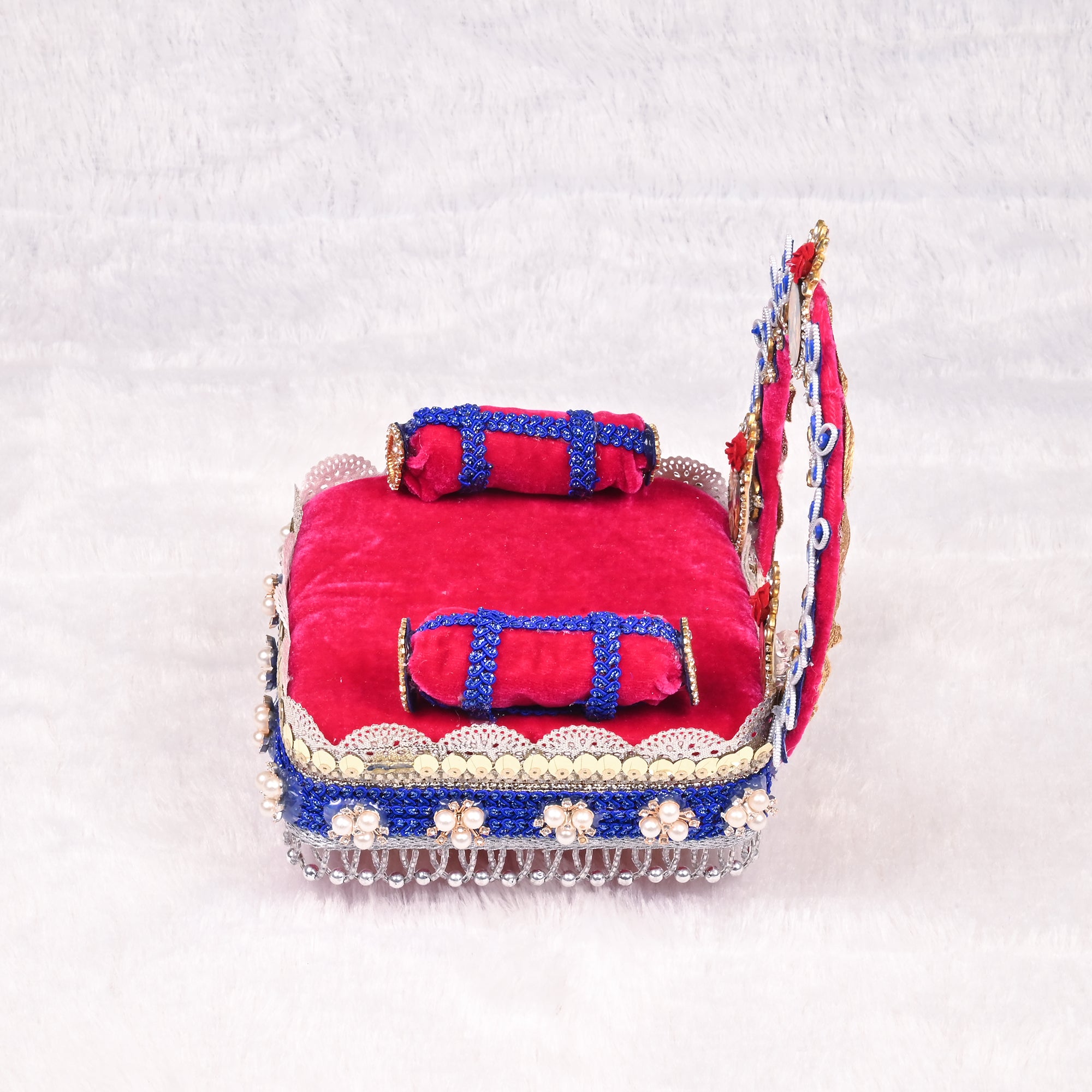Laddu Gopal Singhasan Red and Blue Velvet Design with Radha Krishna Arch