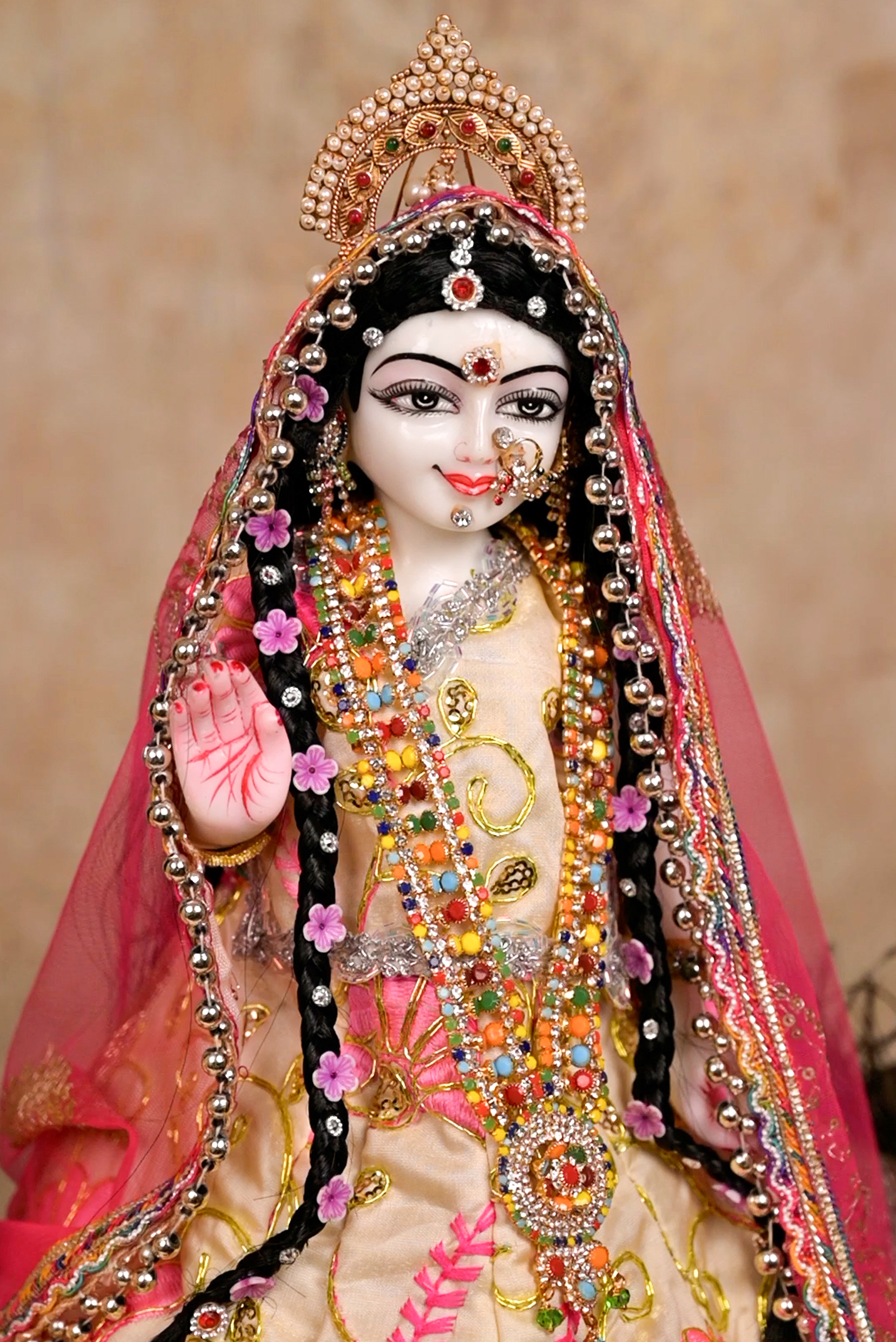 Radha Krishna Yugal Jodi Poshak – Beige Golden & Pink
