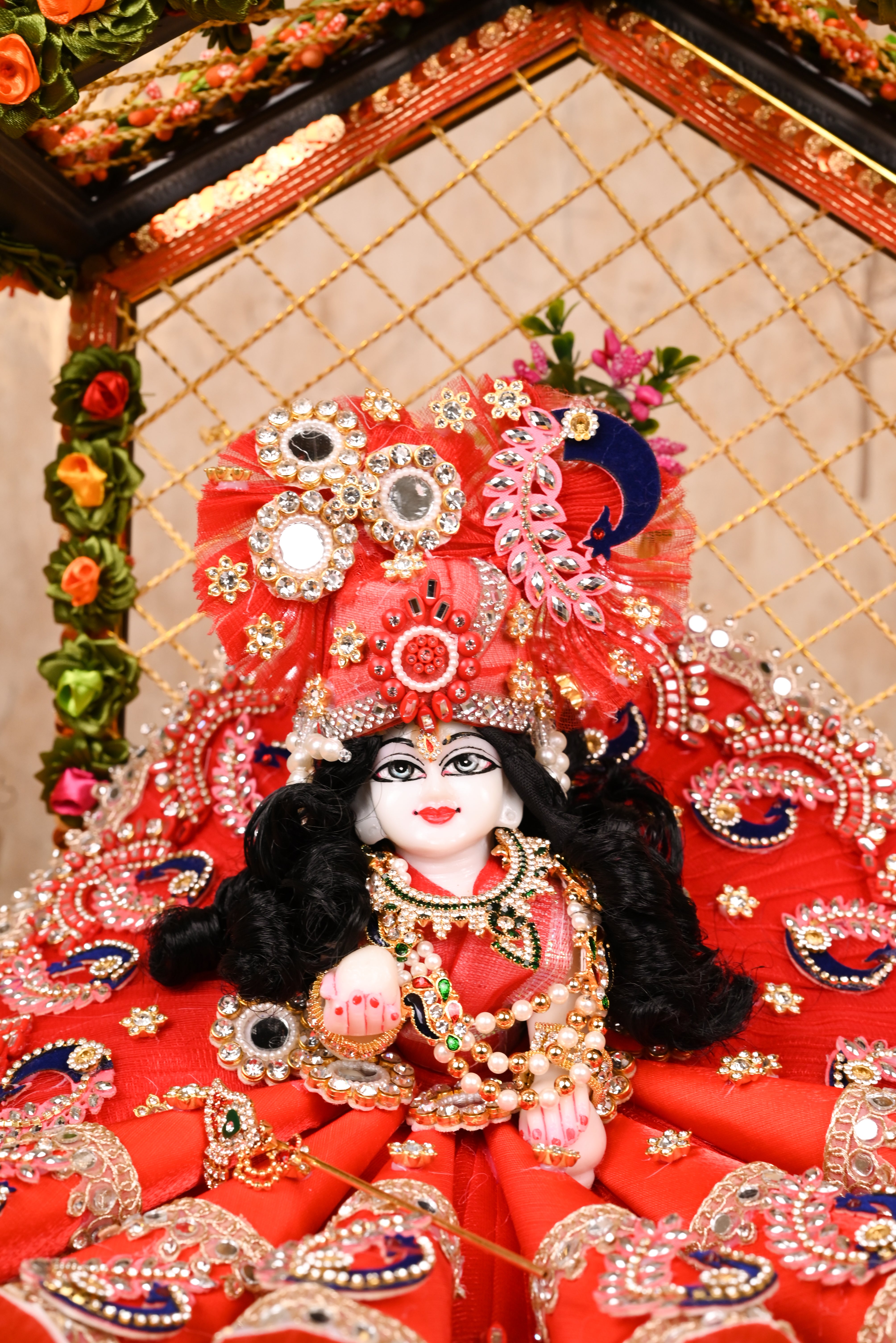 Reddish Maroon Cone Style Silk Kundan Laddu Gopal Poshak