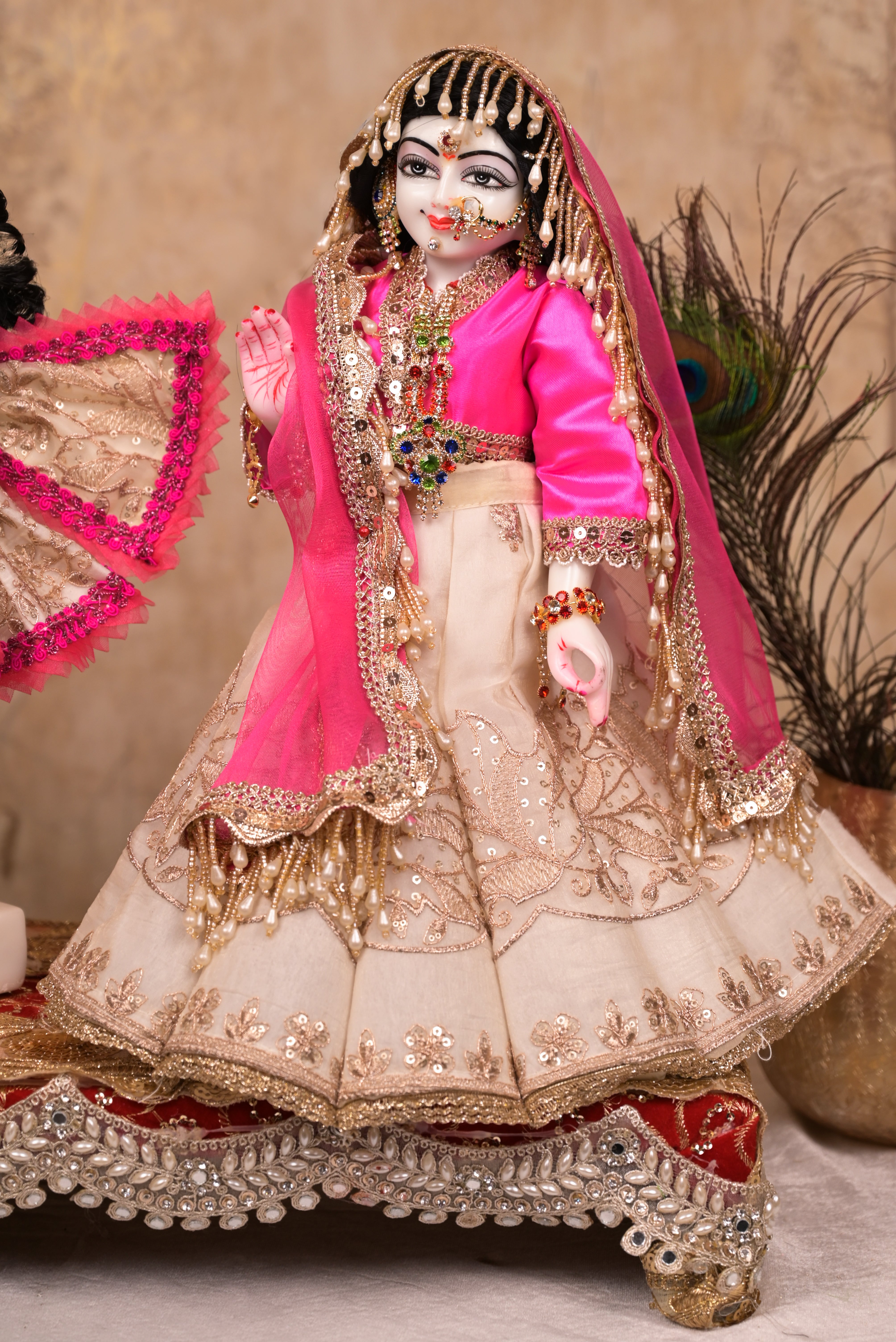 Golden White & Pink Silk Organza | Stone & Hand Embroidery Work