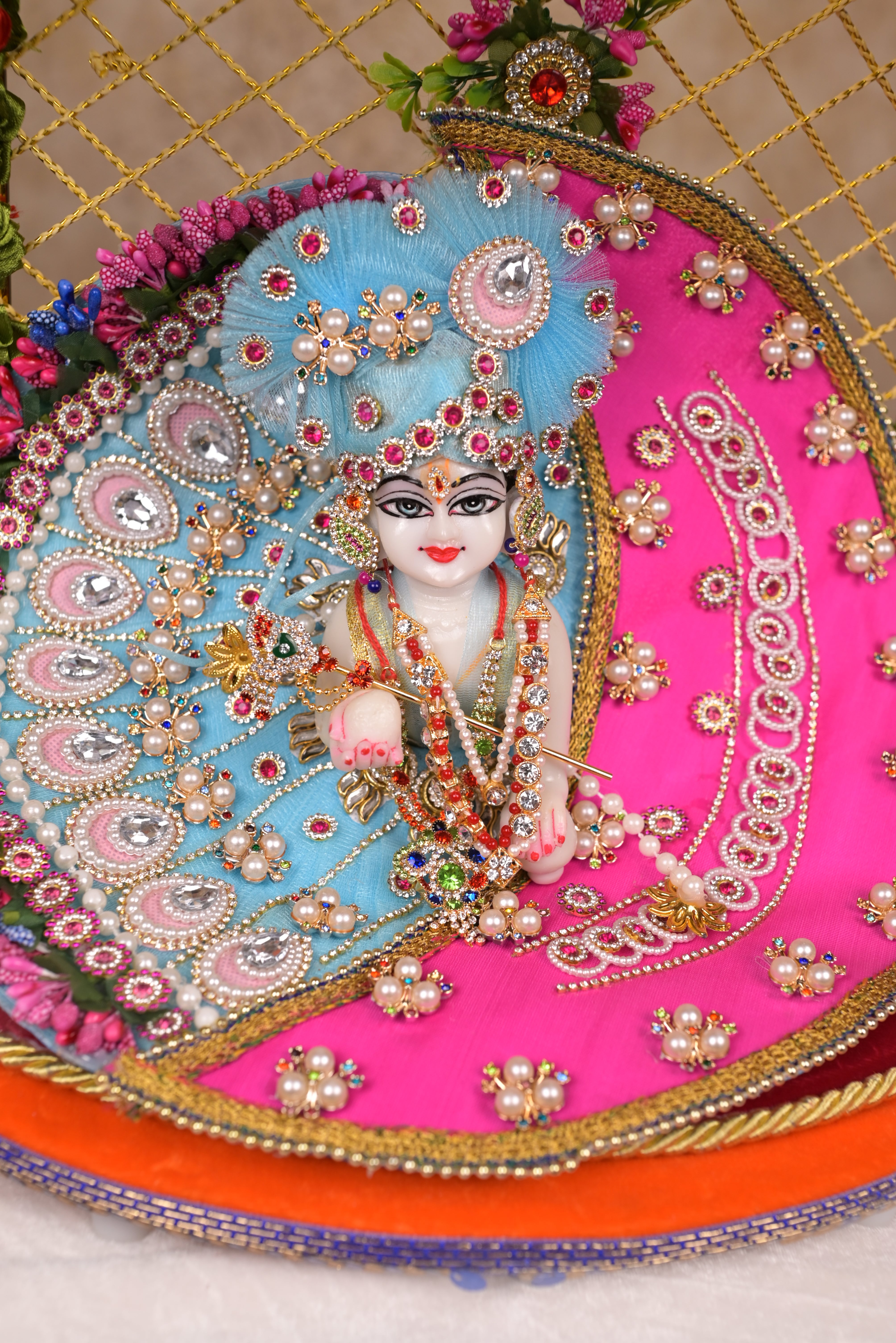 Pink & Sky Blue Moon Style Kundan Net Laddu Gopal Poshak
