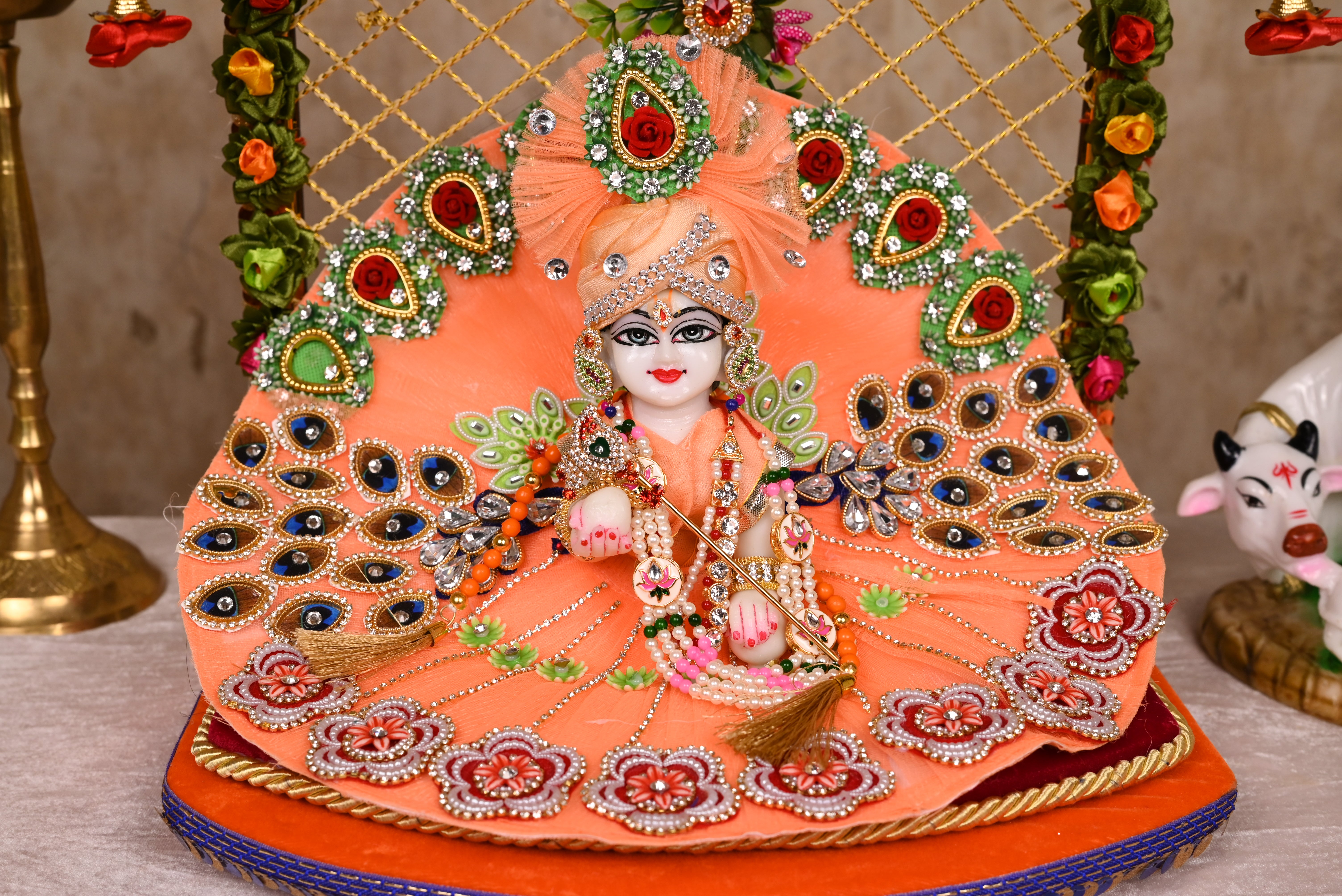 Peach Peacock Style Kundan Net Laddu Gopal Poshak
