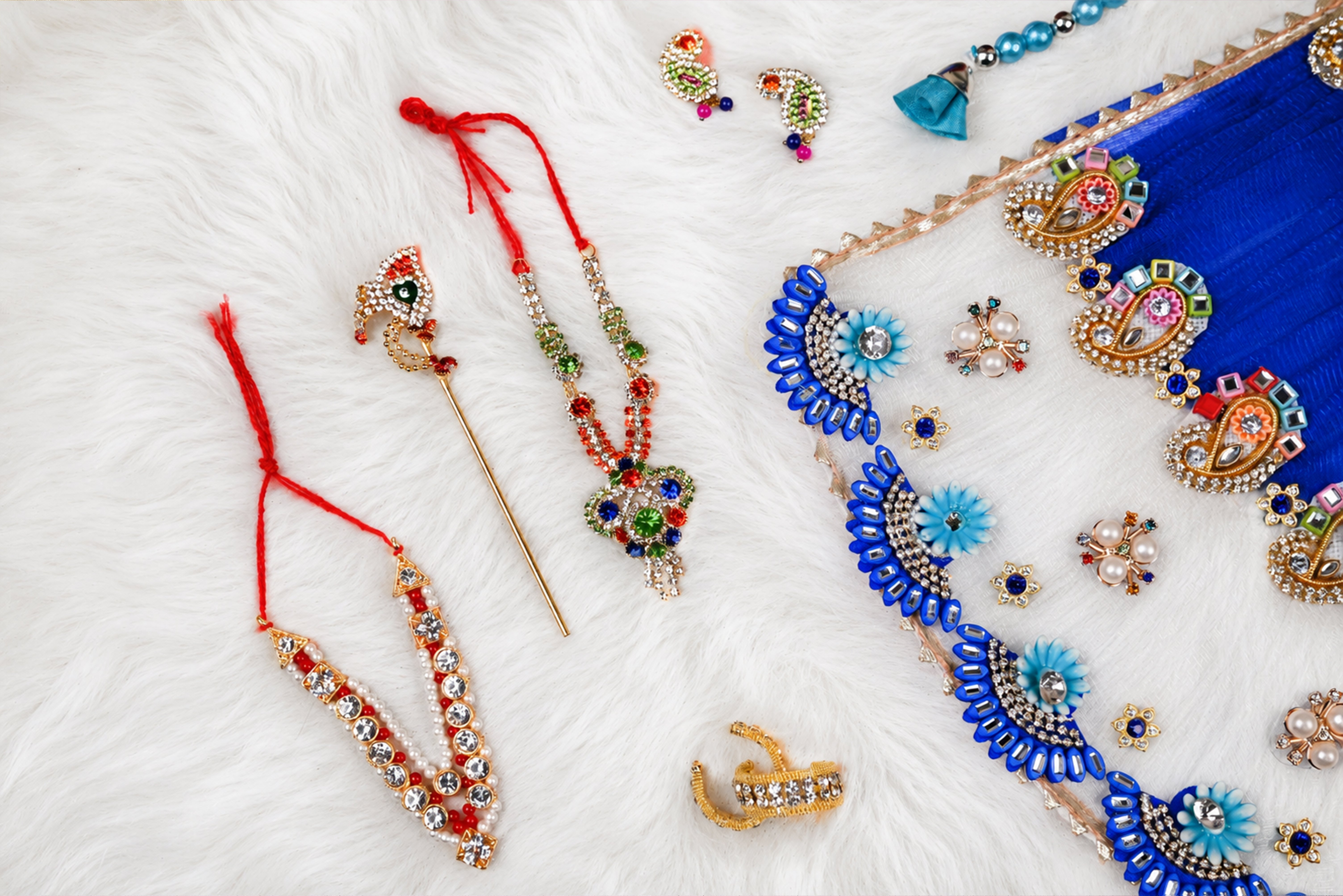 White & Blue Patka Style Kundan Net Laddu Gopal Poshak
