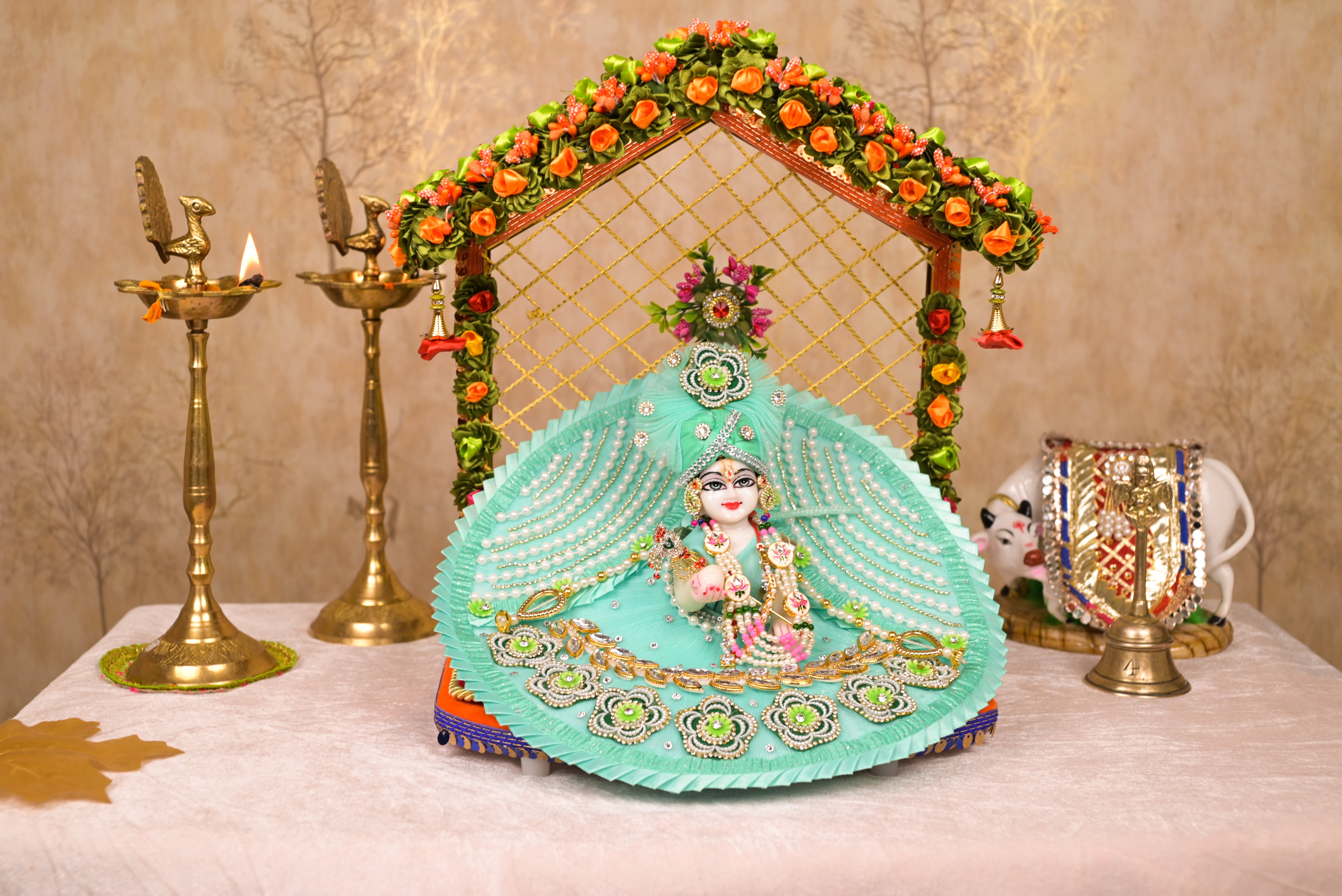 Sea Green Kundan Net Laddu Gopal Poshak