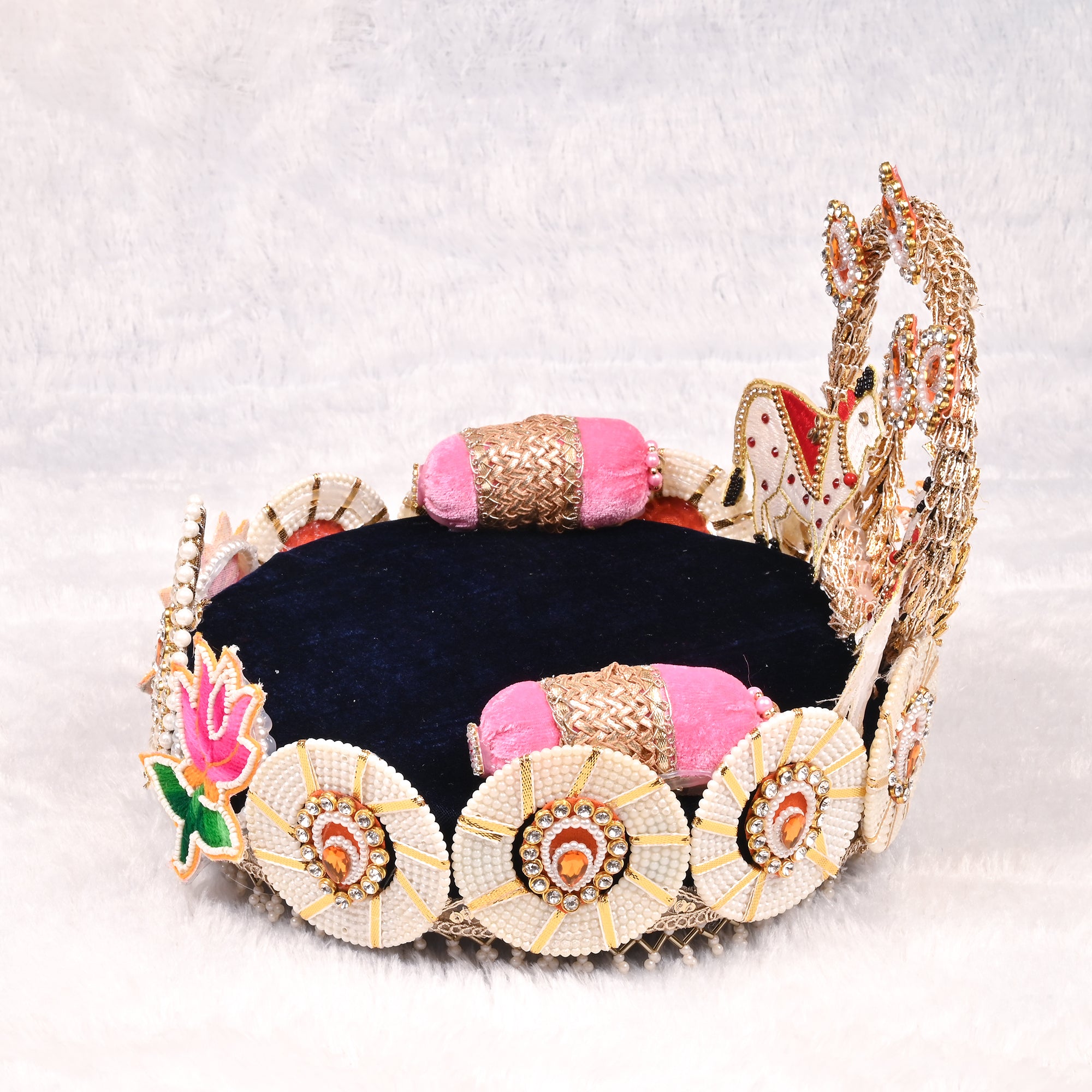 Laddu Gopal Singhasan Black and Pink Lotus Design with Elephant Backrest
