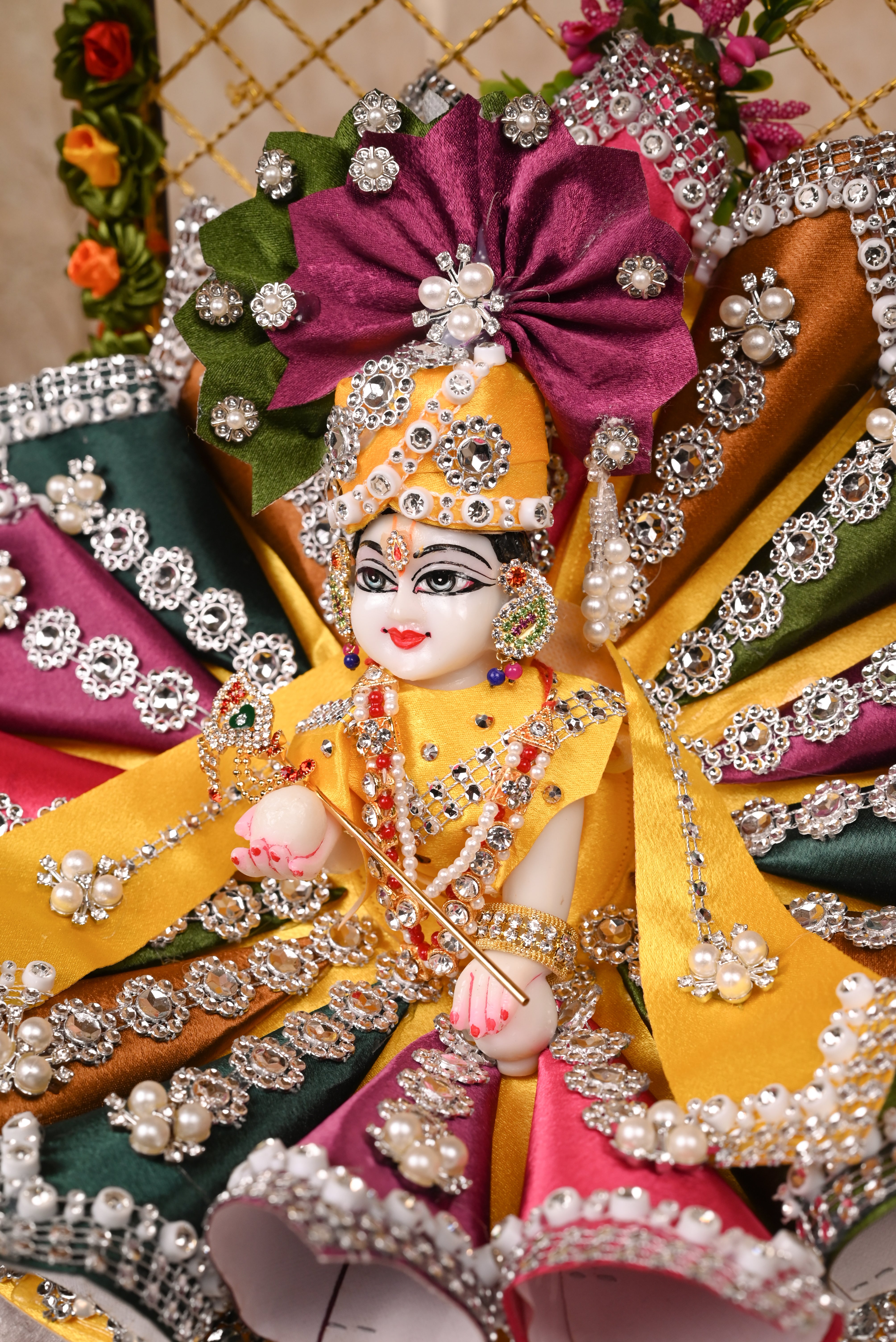 Multi-Colour Cone Style Silk Kundan Laddu Gopal Poshak