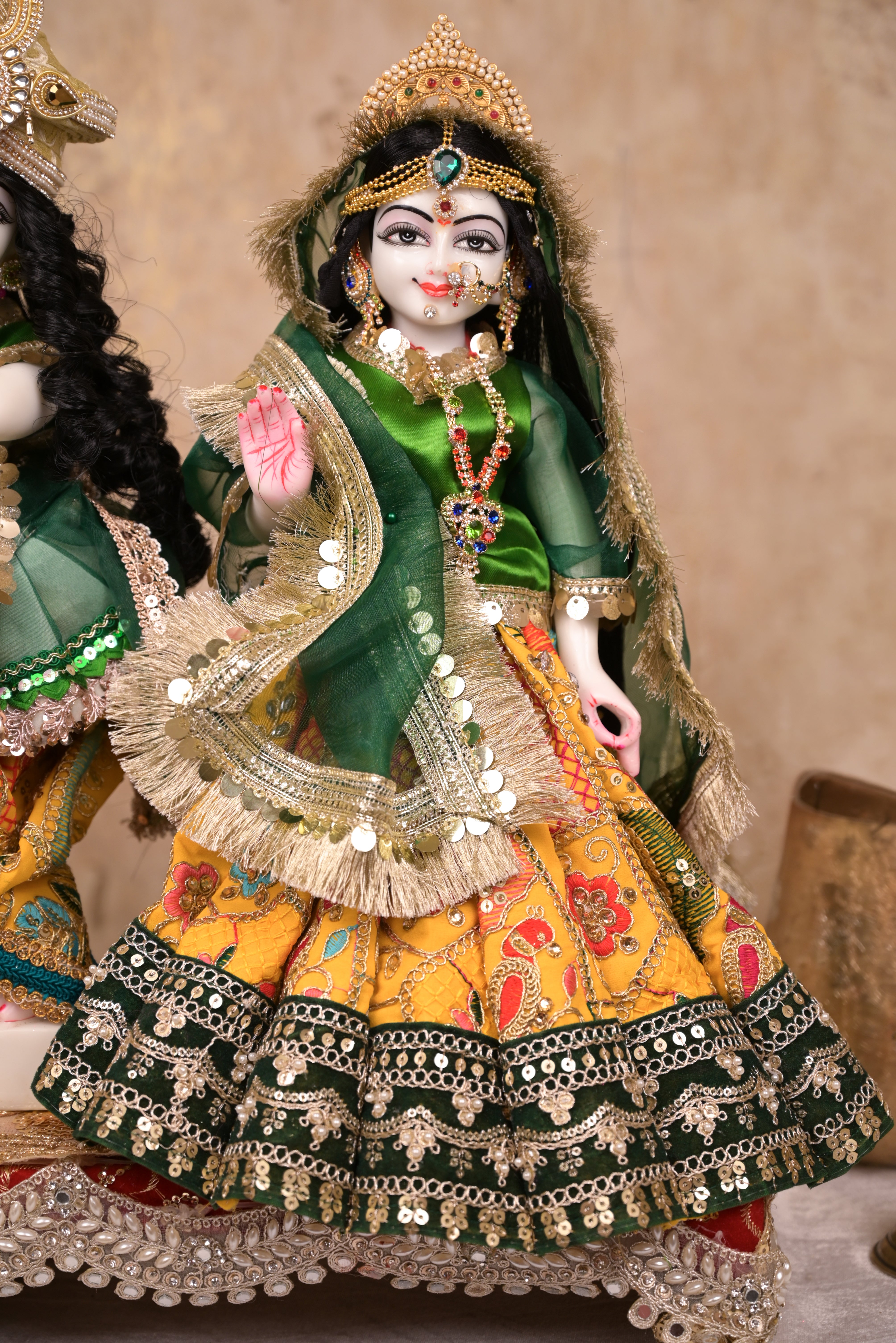 Radha Krishna Poshak | Yellow, Green & Pink Georgette