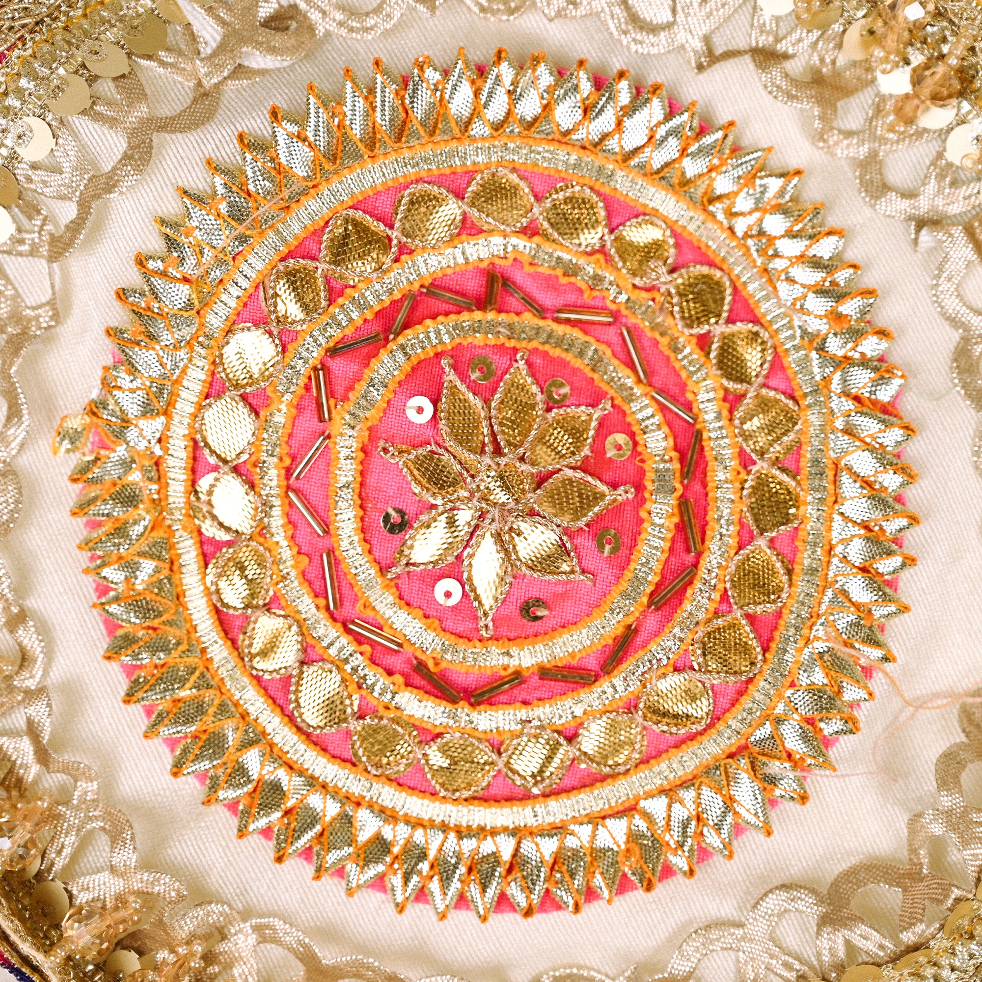 Decorative Round Thali Cover White and Pink Embroidered Design