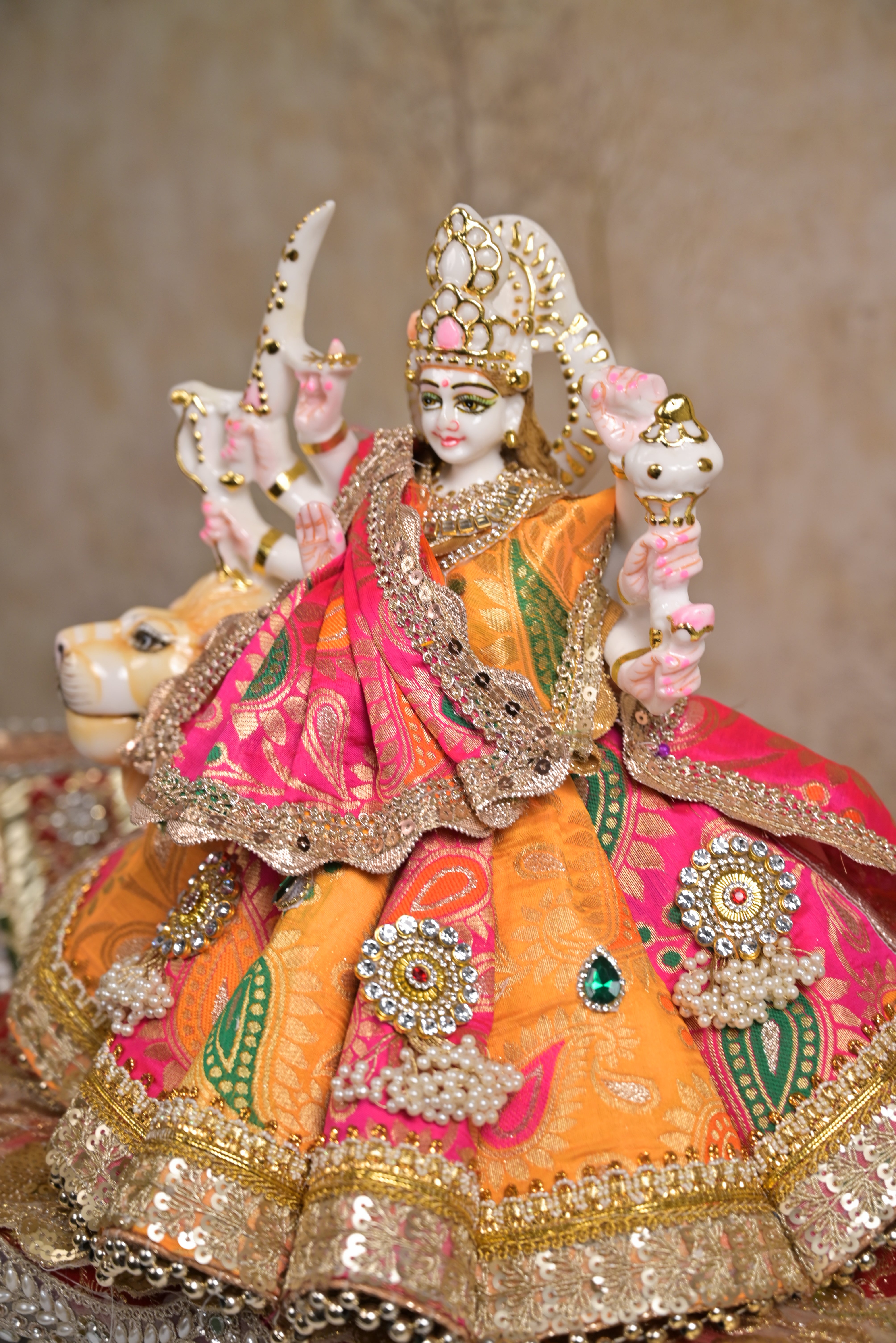 Mata Rani Poshak – Pearl Buti & Golden Lace Work Organza Kali Style Dress