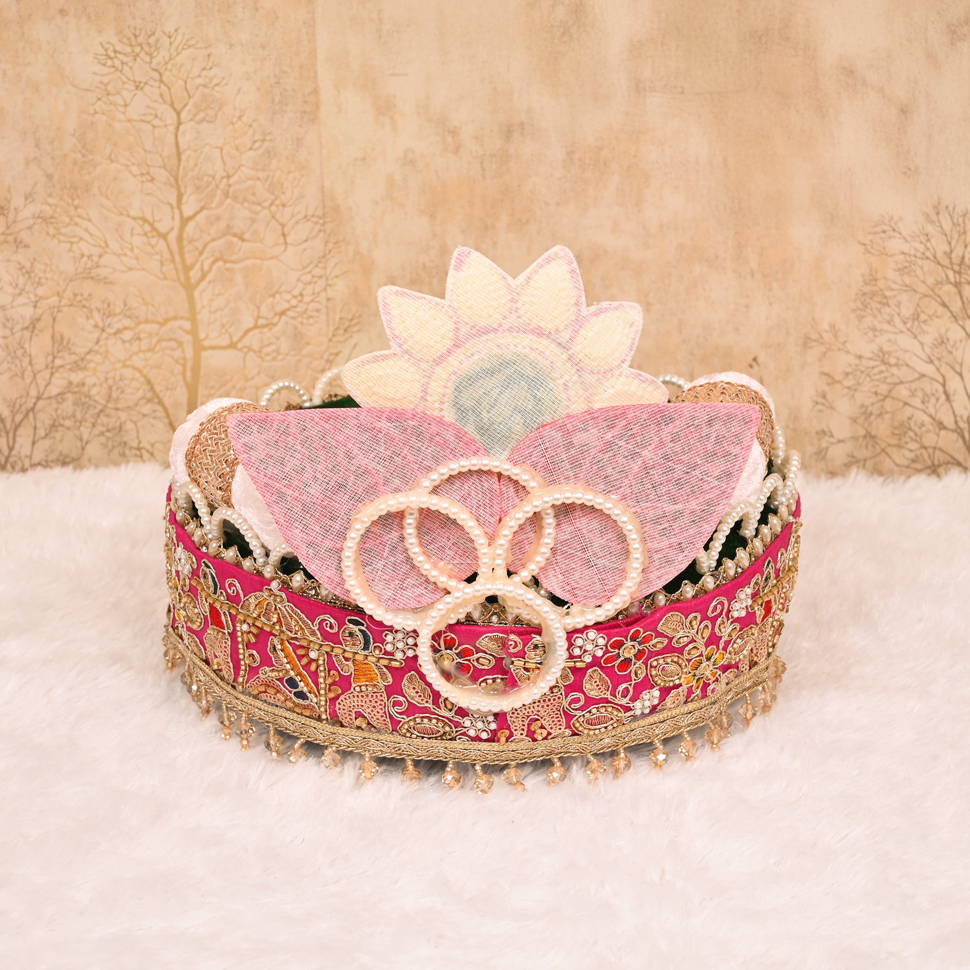 Laddu Gopal Singhasan Green and Pink Floral Design with Embellished Backrest