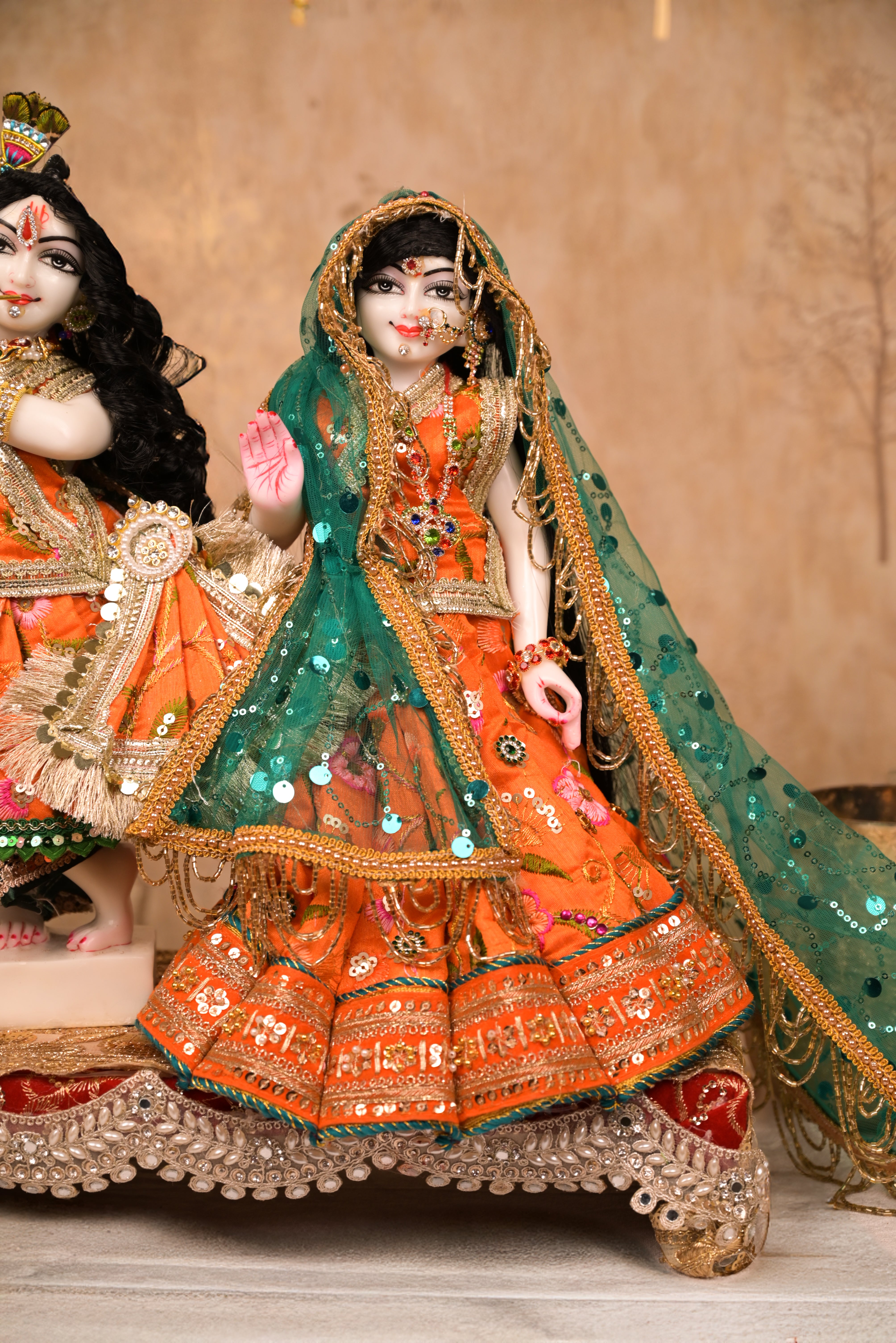 Radha Krishna Poshak | Orange, Green & Golden Silk