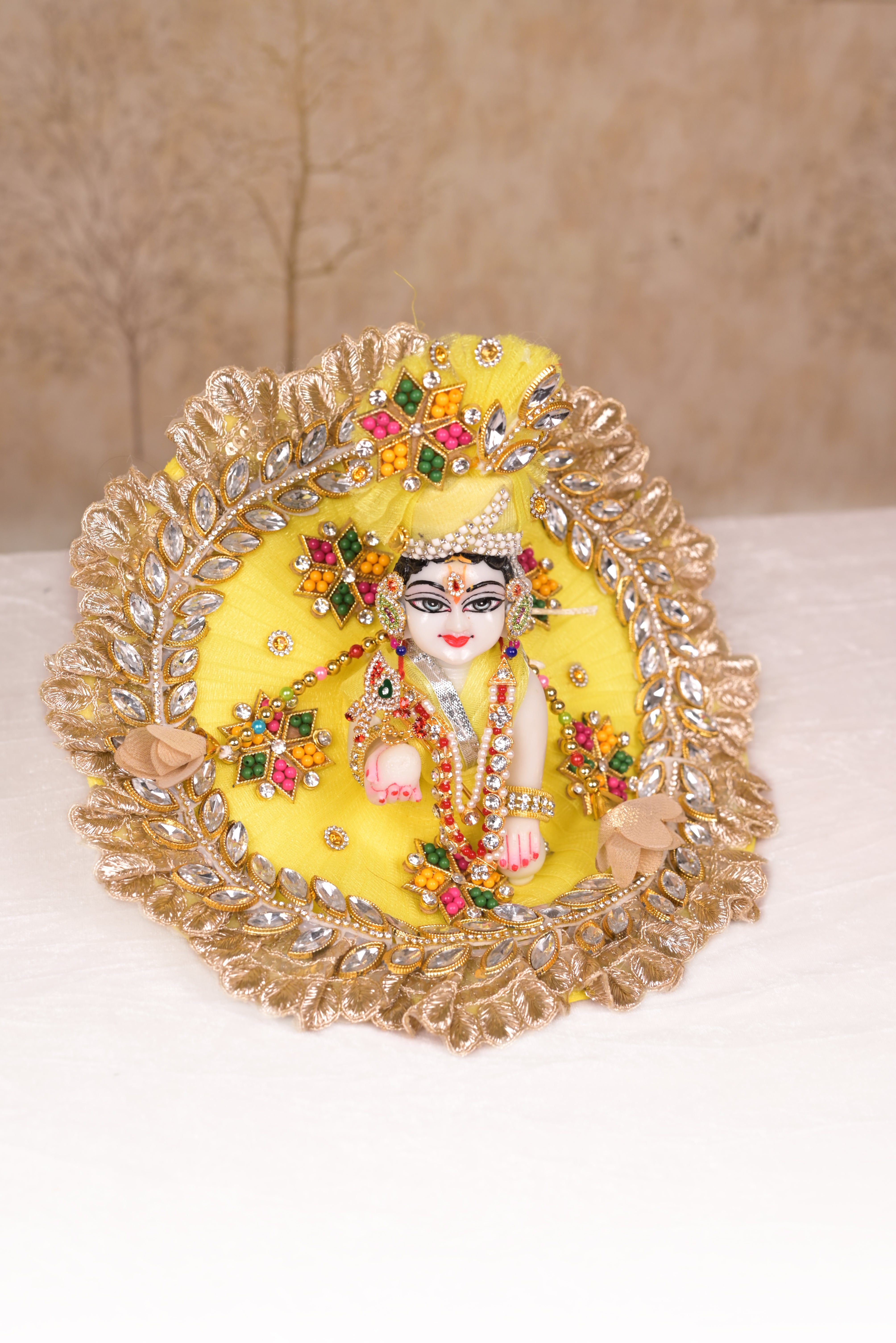 Yellow Kundan Net Laddu Gopal Poshak with Pearl Patka