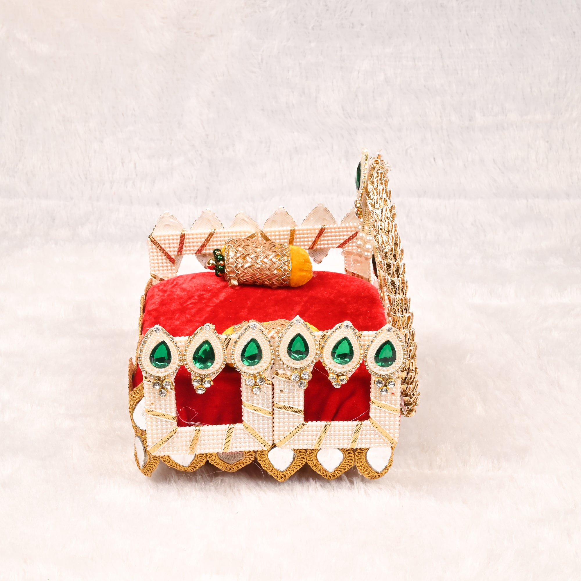 Laddu Gopal Singhasan Red Square Design with Golden Embellished Backrest