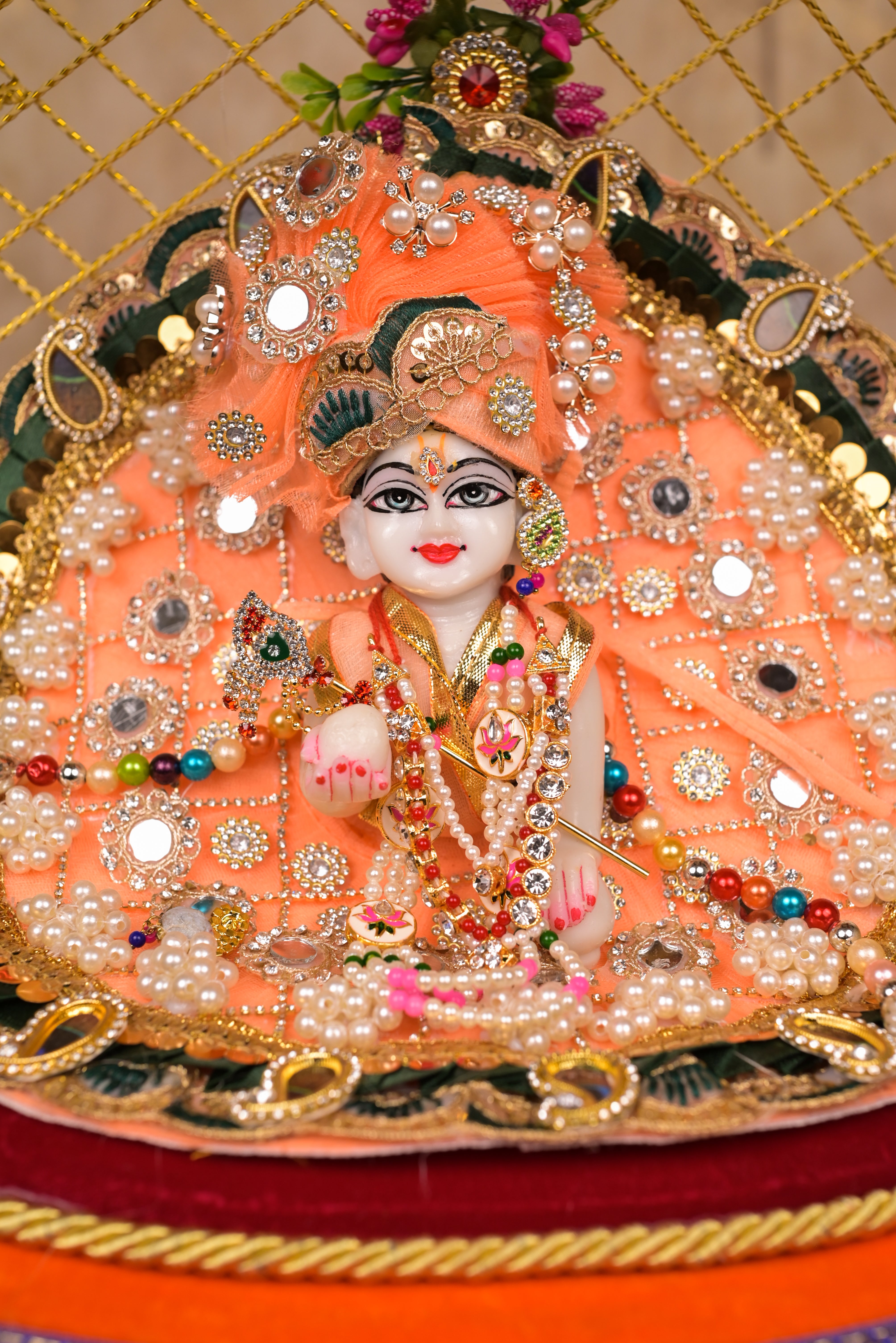 Peach & Green Mor Pankhi Kundan Net Laddu Gopal Poshak