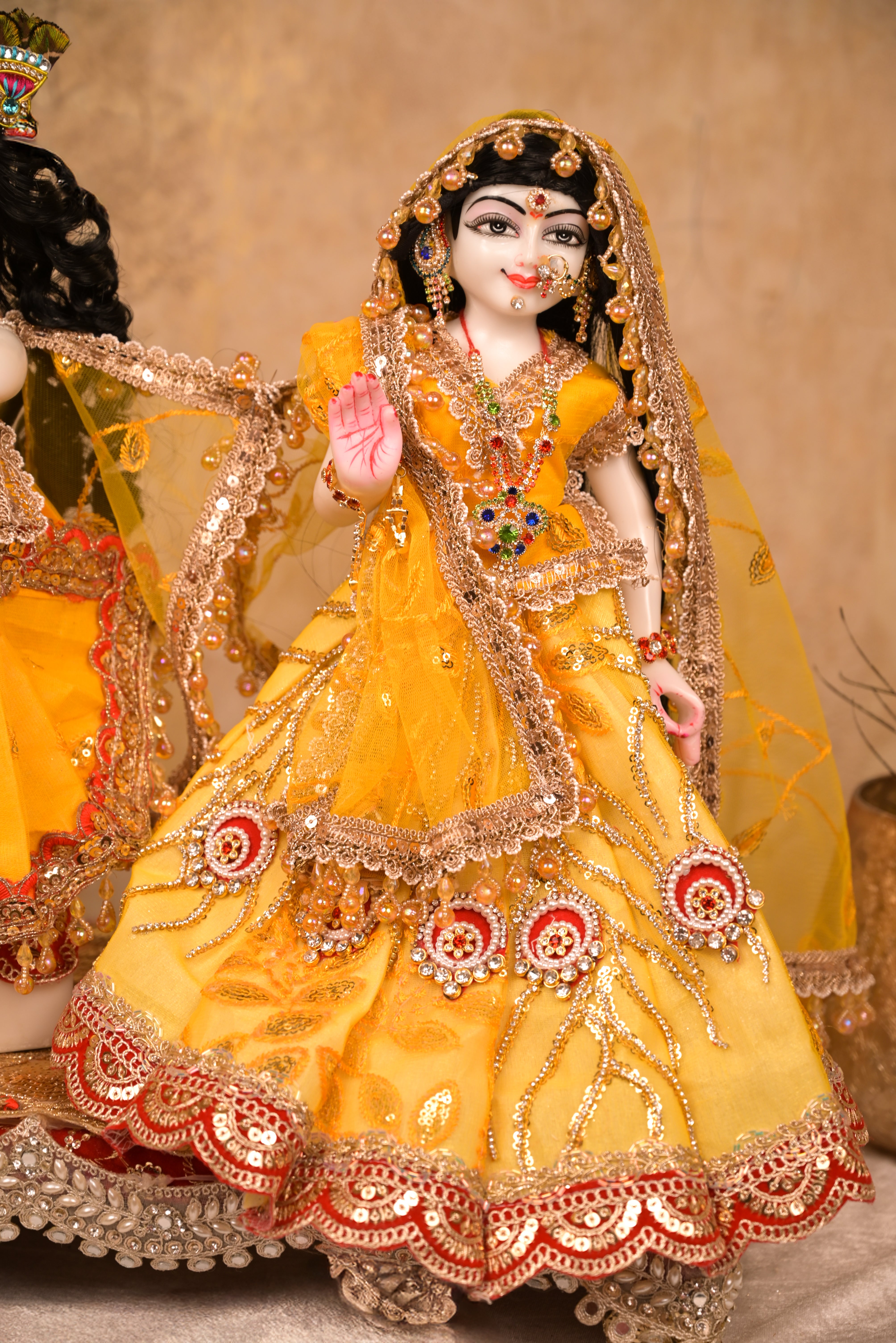 Radha Krishna Poshak | Yellow & Red Net