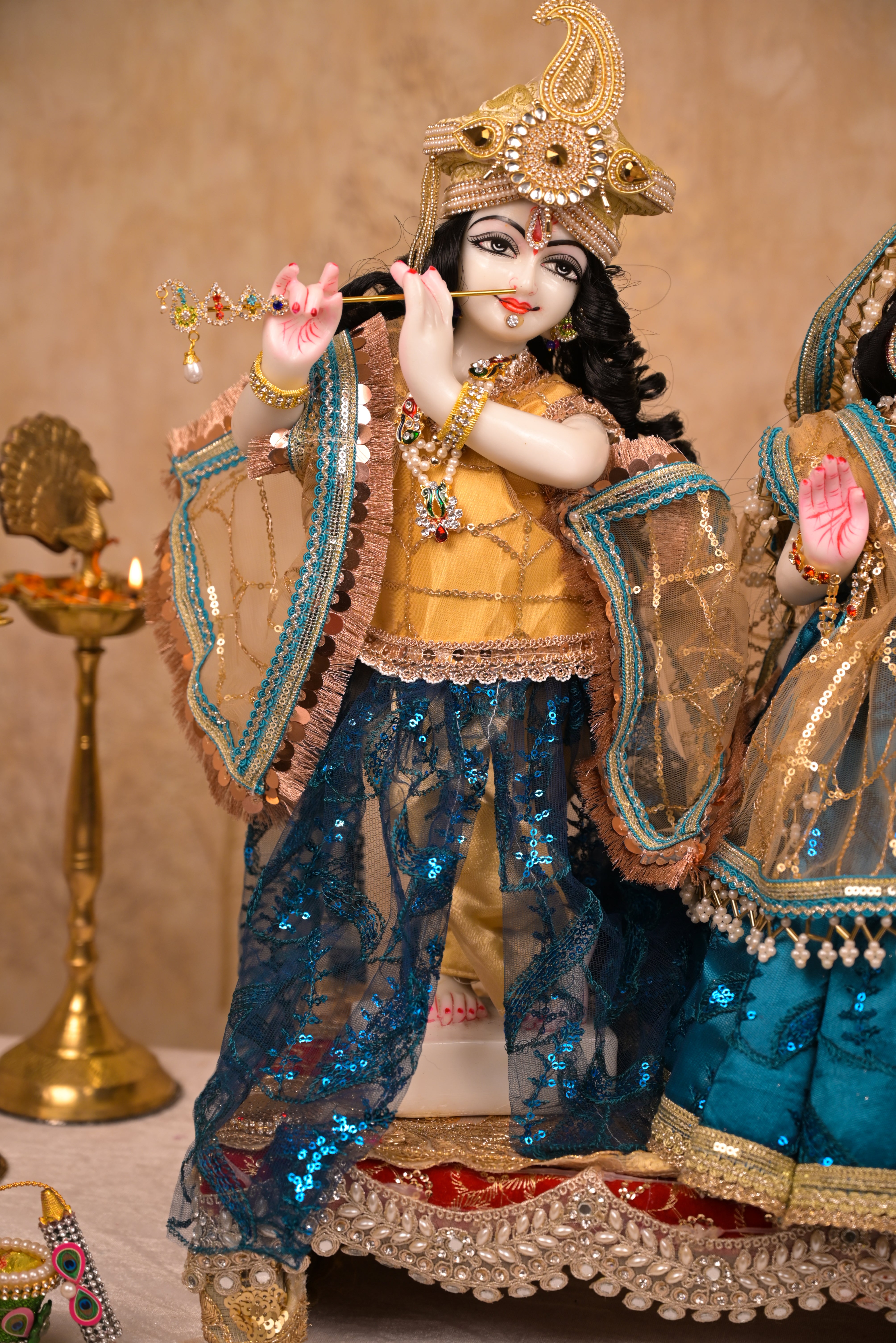 Radha Krishna Poshak | Golden & Dark Blue Net
