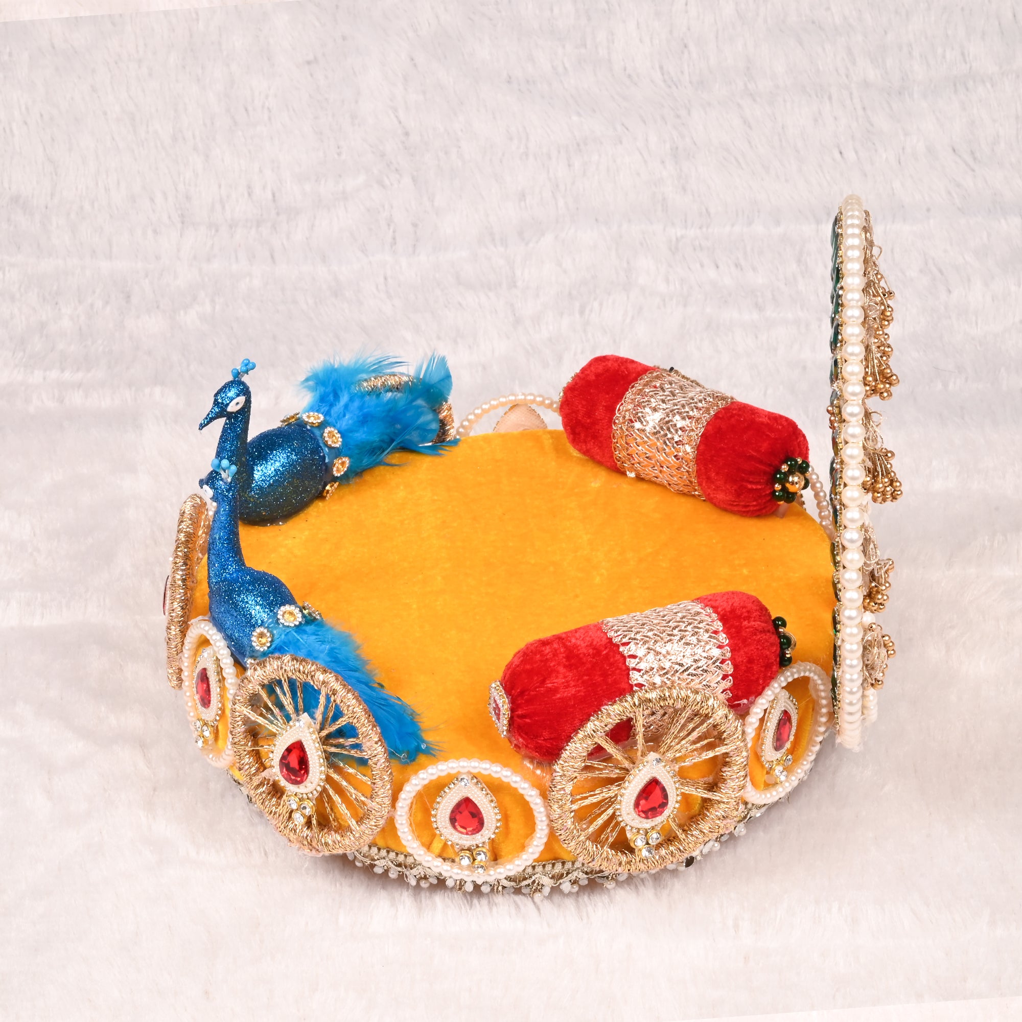 Laddu Gopal Singhasan Yellow and Peacock Design with Decorative Backrest
