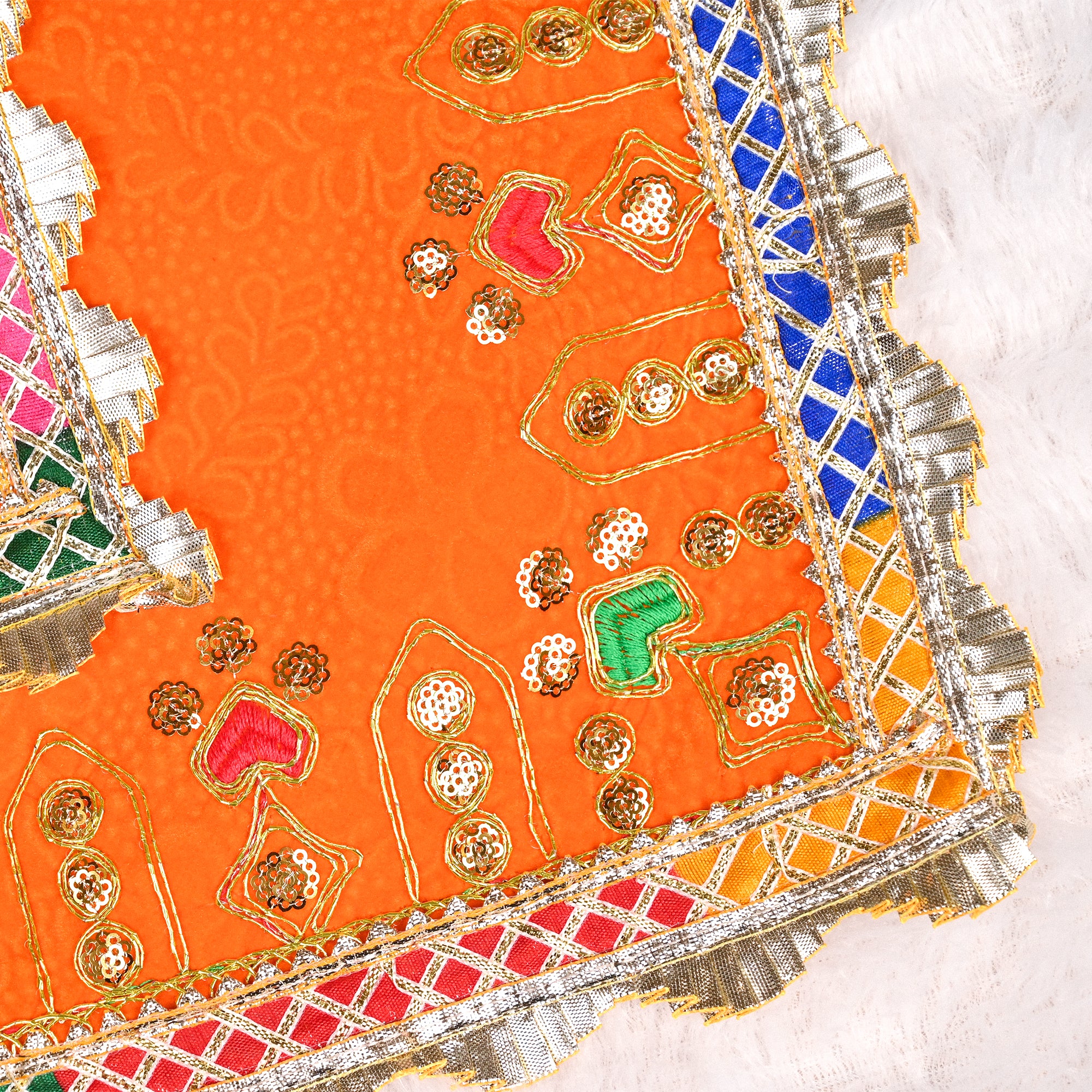 Laddu Gopal Decorative Seating Mat Orange Embroidered Design
