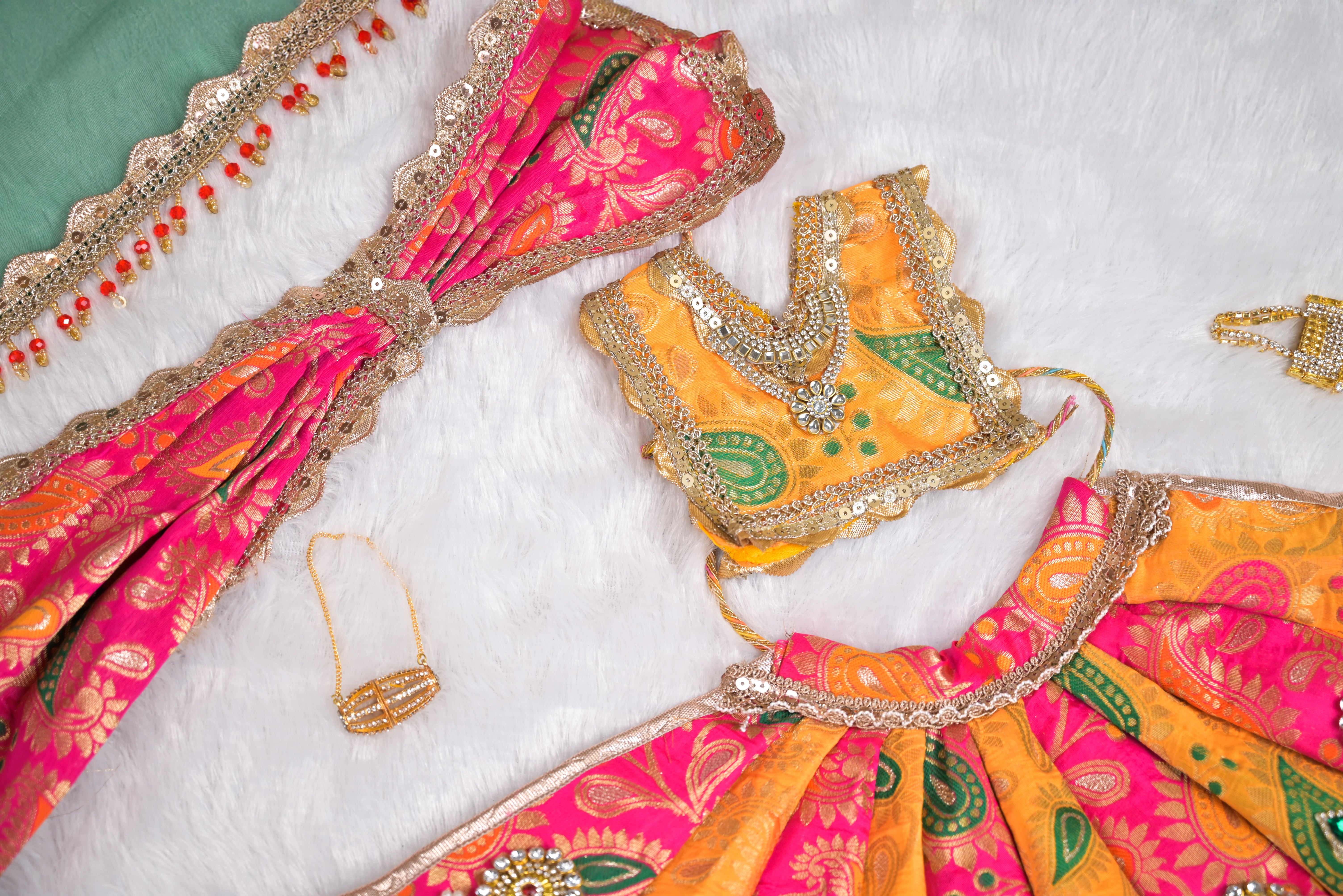 Radha Krishna Royal Yugal Jodi Poshak | Pure Banarsi Premium Silk | Pink, Mustard Yellow & Green