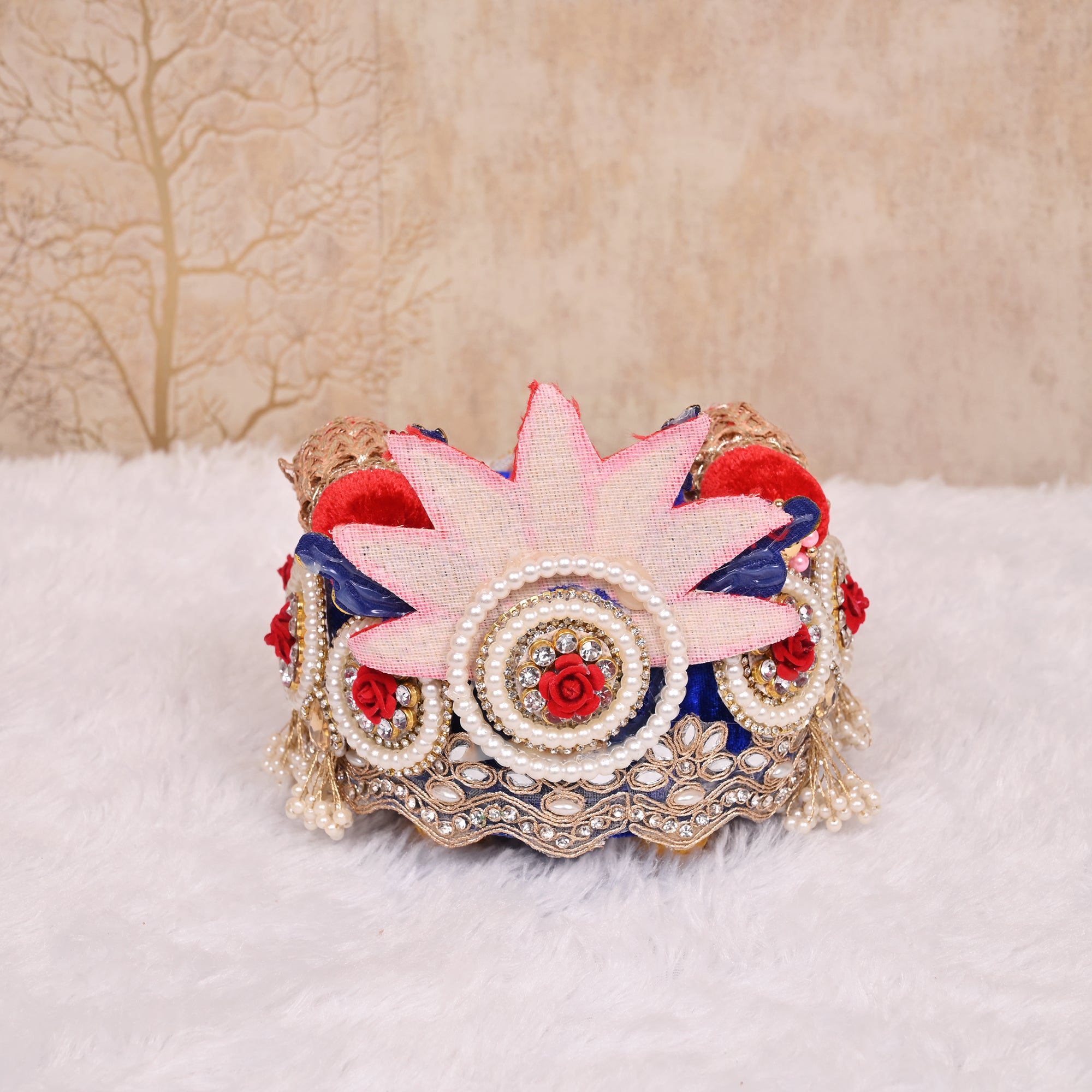 Laddu Gopal Singhasan Blue and Red Peacock Design