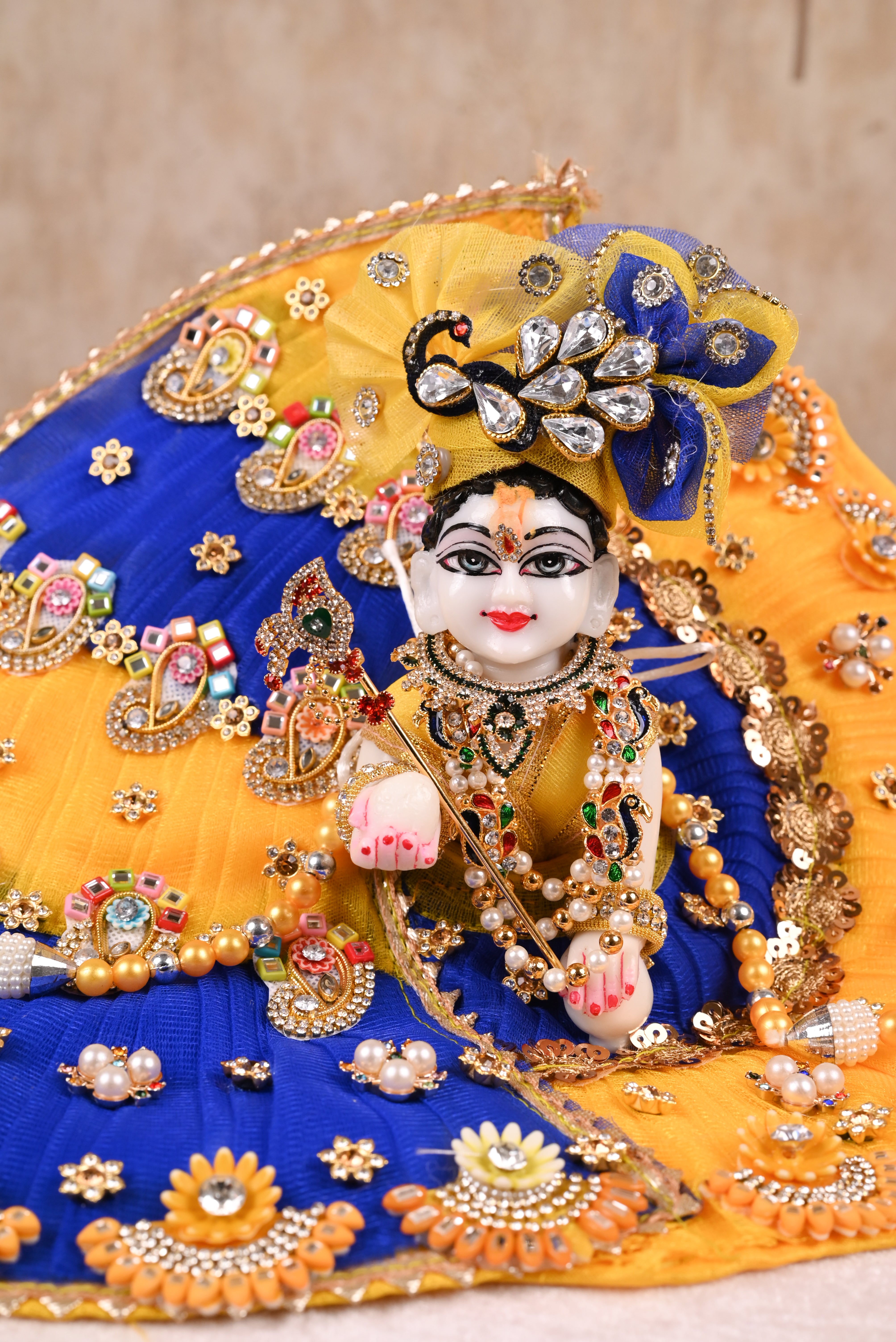Yellow & Blue Patka Style Kundan Net Laddu Gopal Poshak