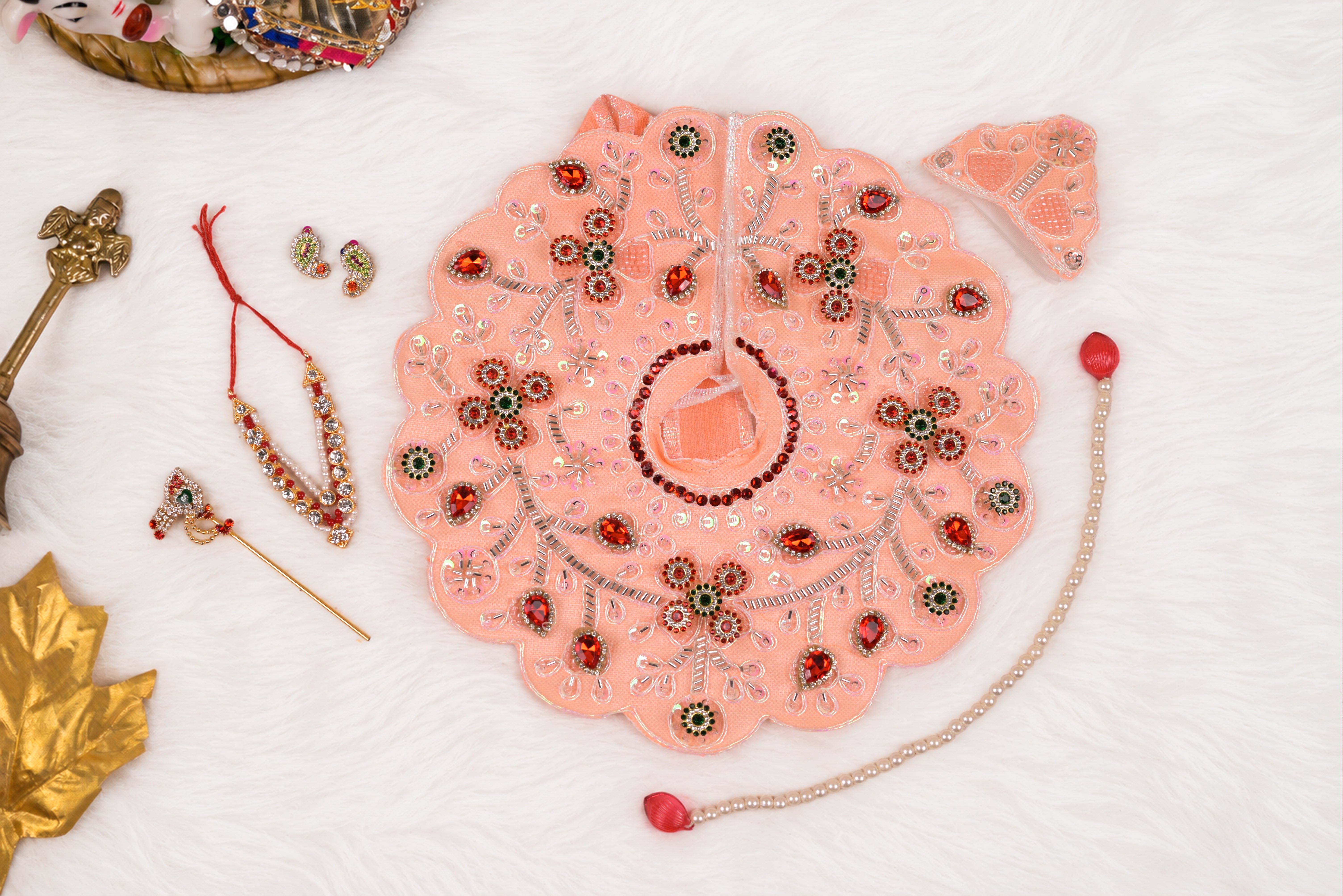 Peach Zari Embroidered Laddu Gopal Poshak