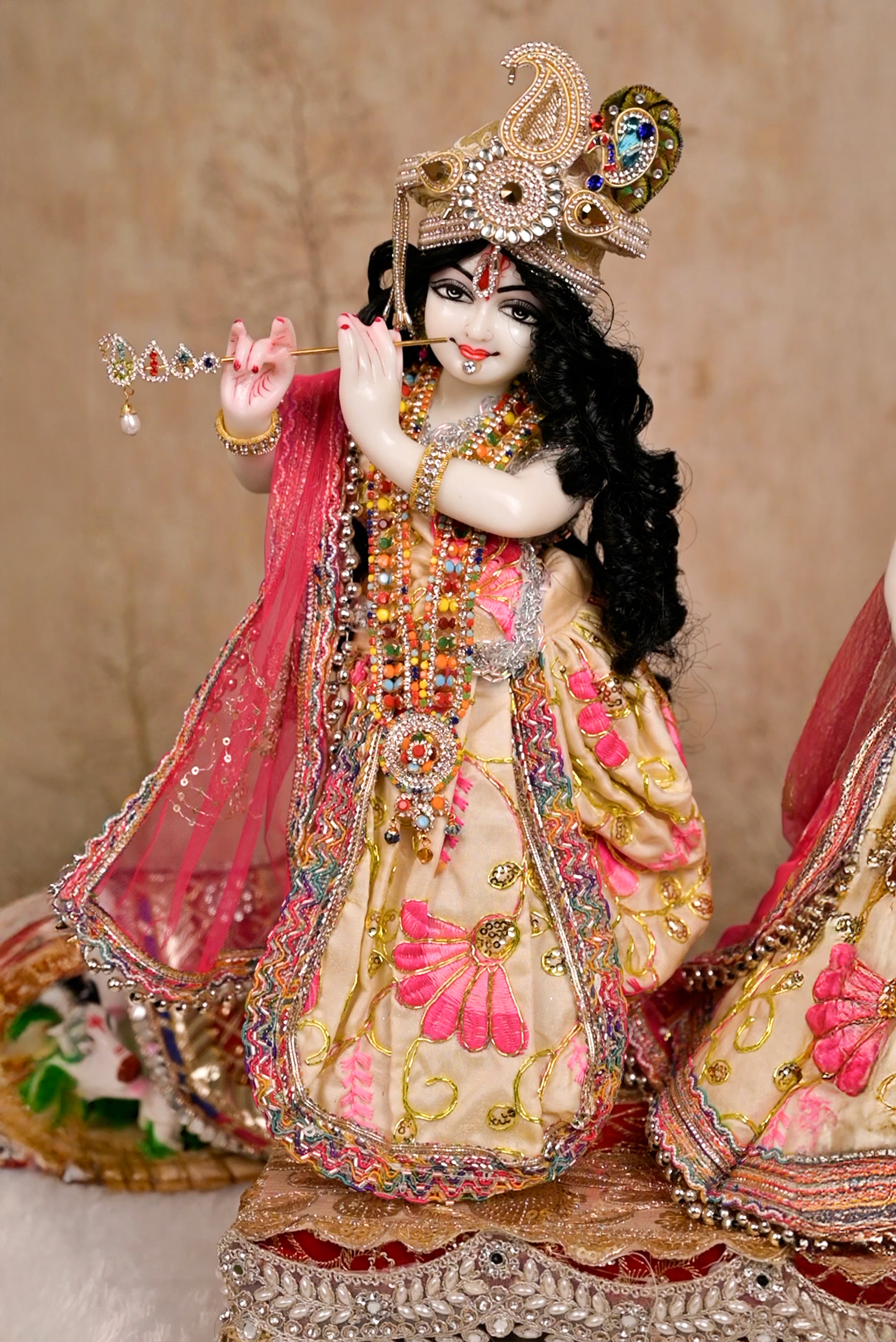 Radha Krishna Yugal Jodi Poshak – Beige Golden & Pink