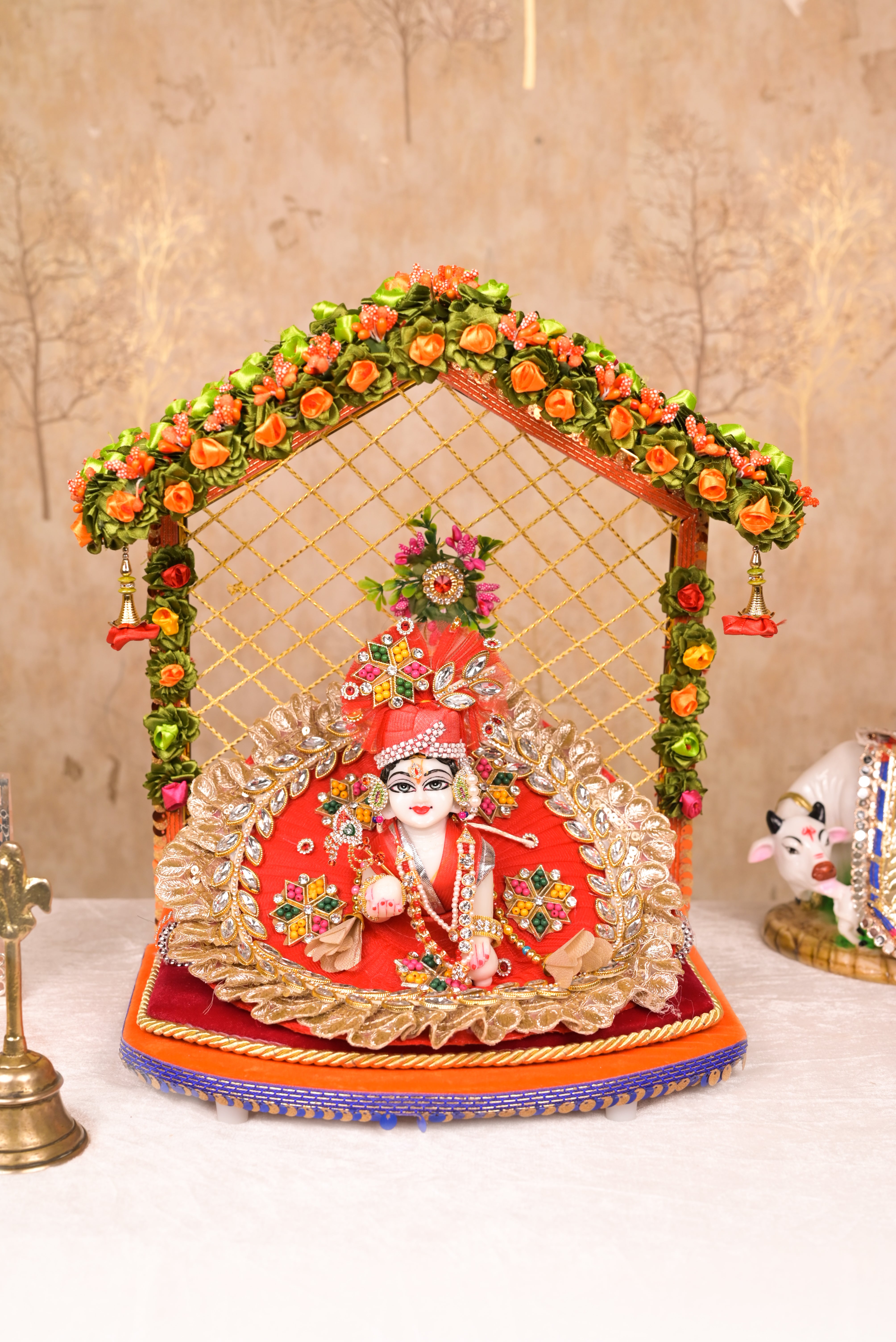 Red Kundan Net Laddu Gopal Poshak with Pearl Patka
