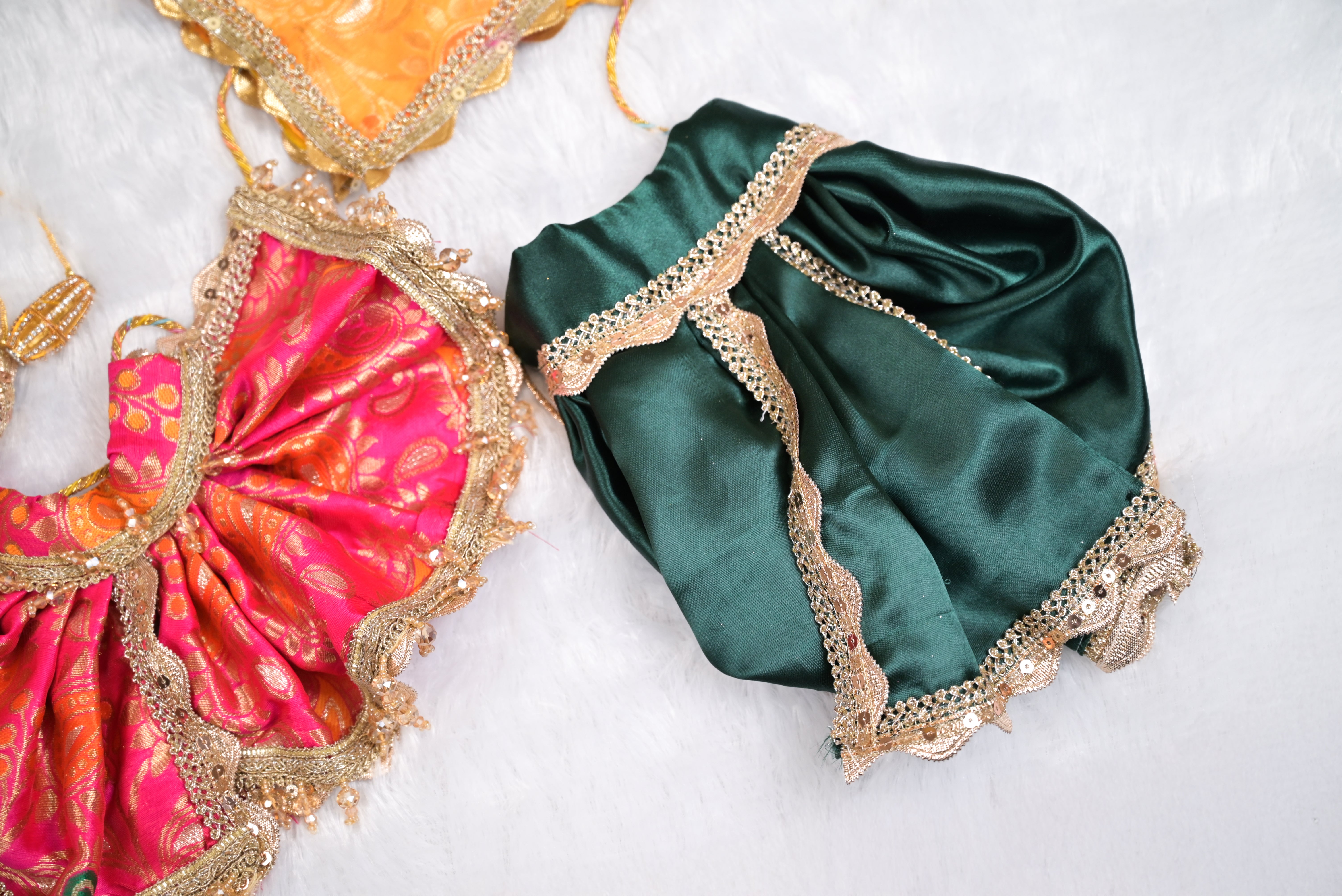 Radha Krishna Royal Yugal Jodi Poshak | Pure Banarsi Premium Silk | Pink, Mustard Yellow & Green
