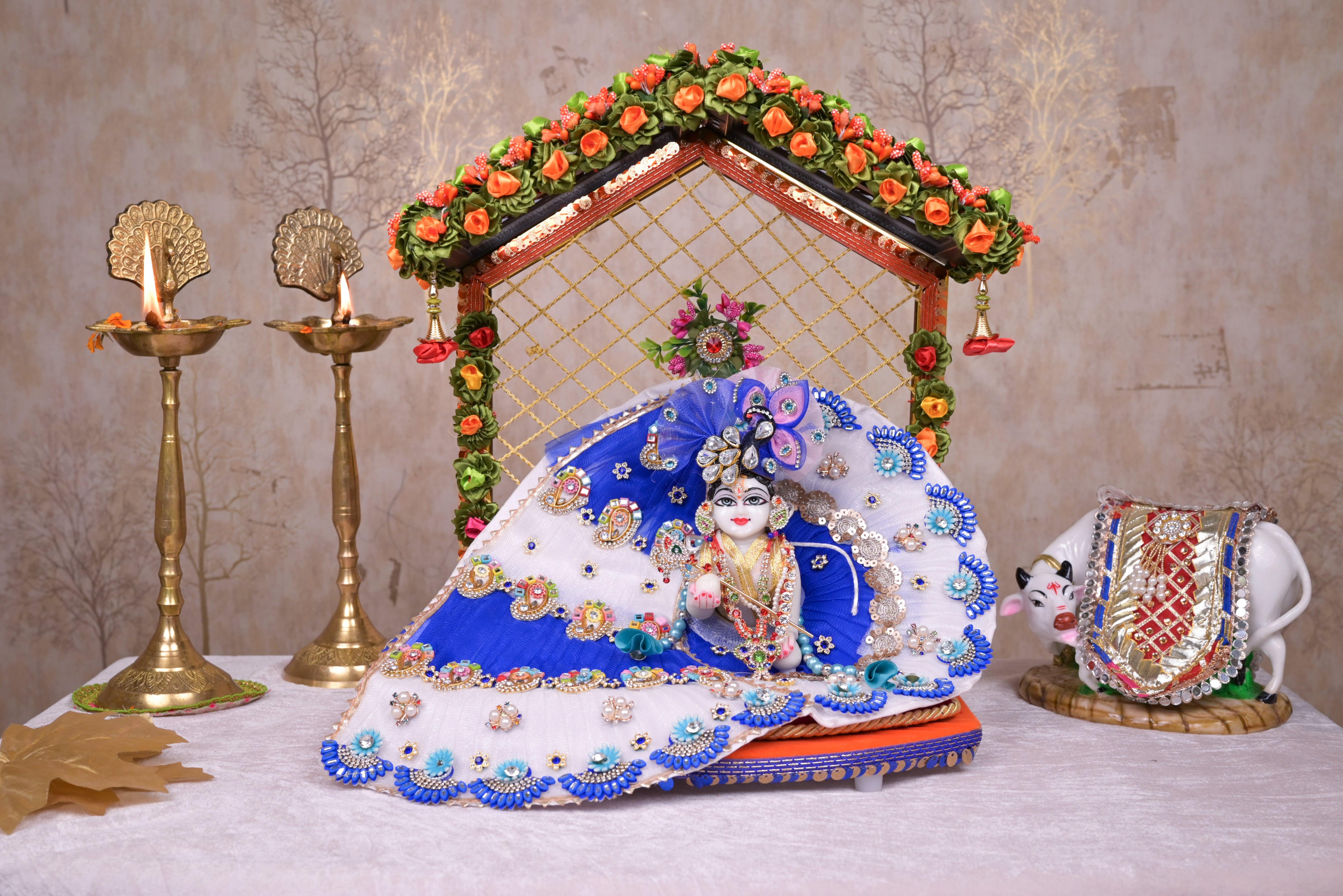 White & Blue Patka Style Kundan Net Laddu Gopal Poshak