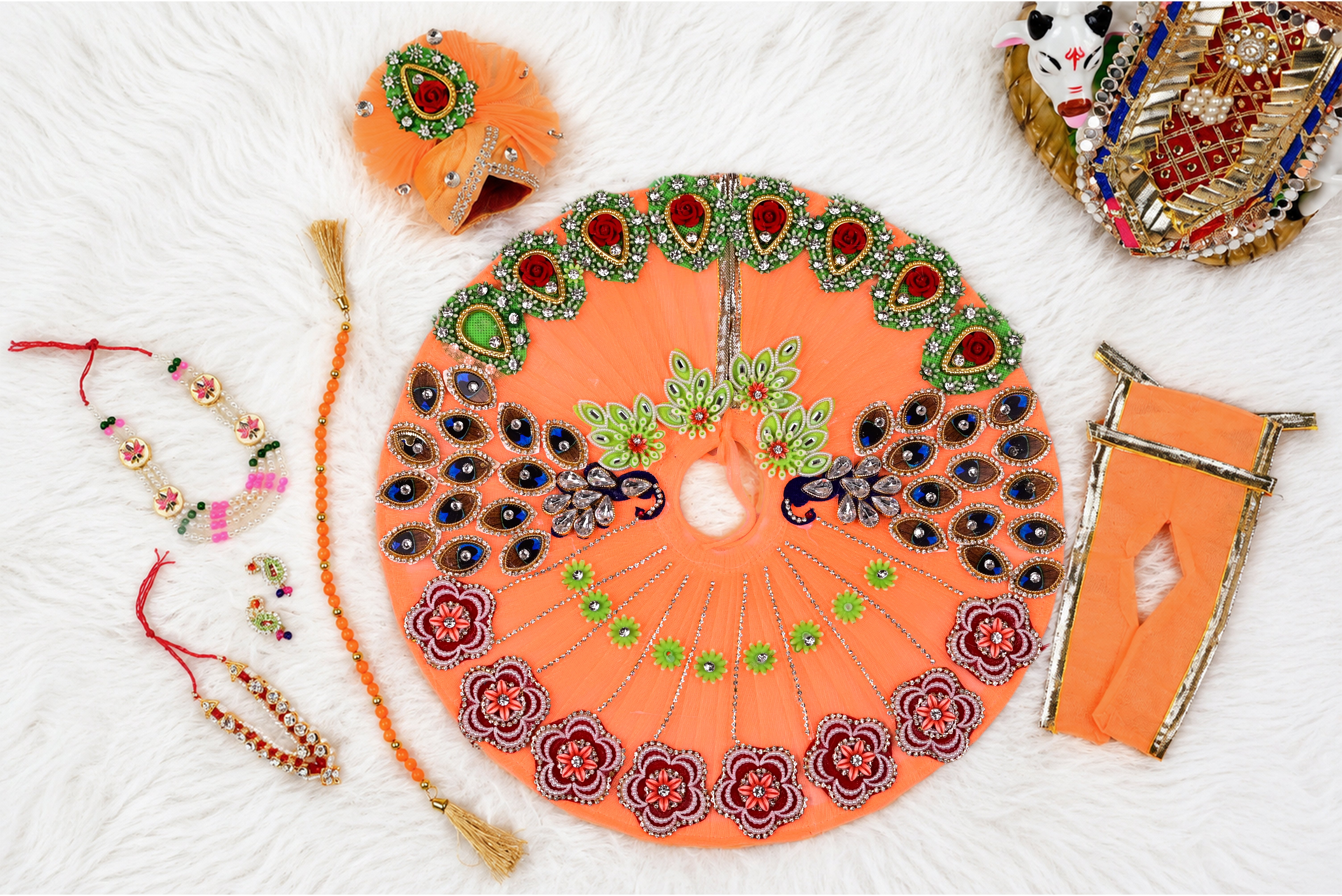 Peach Peacock Style Kundan Net Laddu Gopal Poshak