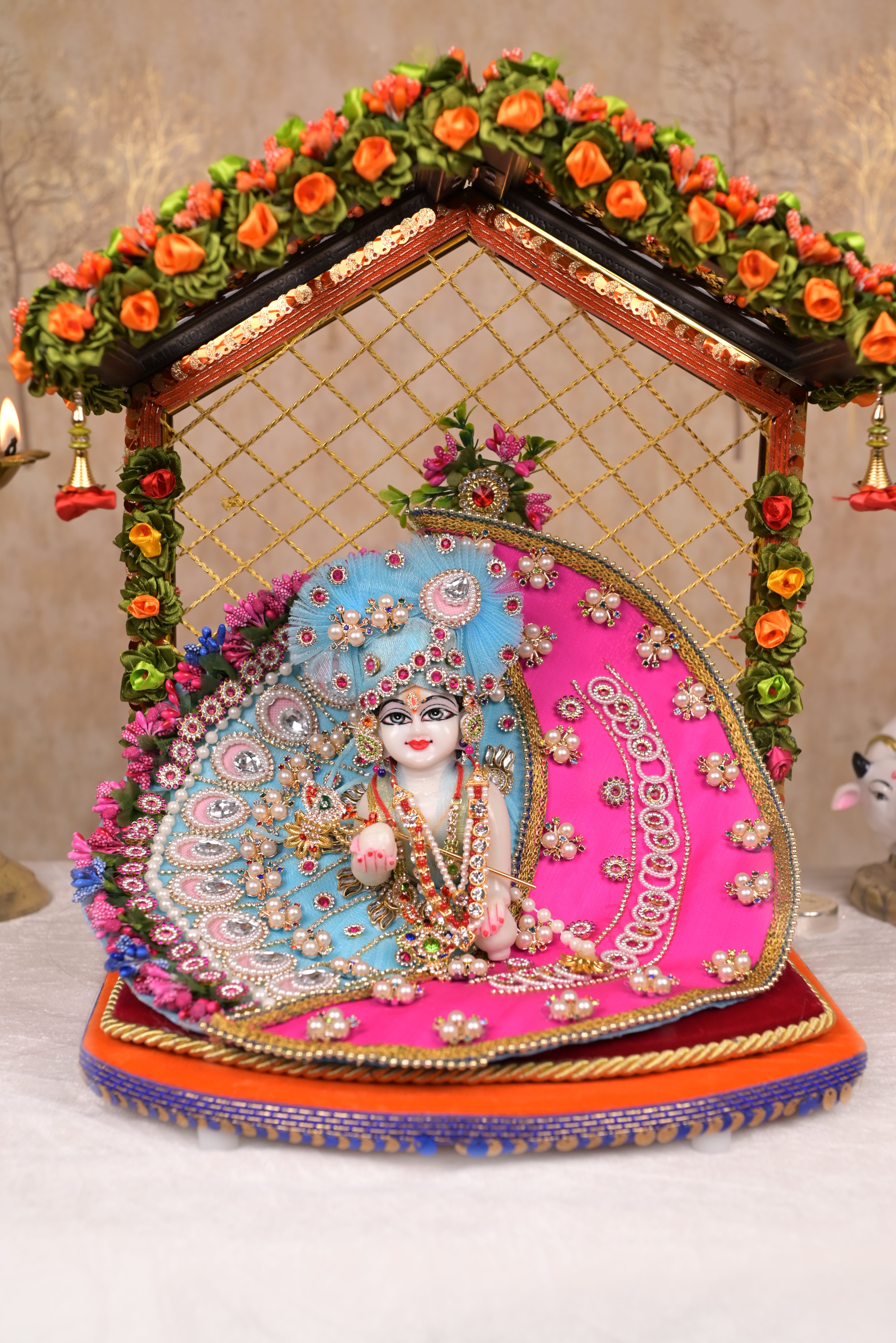 Pink & Sky Blue Moon Style Kundan Net Laddu Gopal Poshak