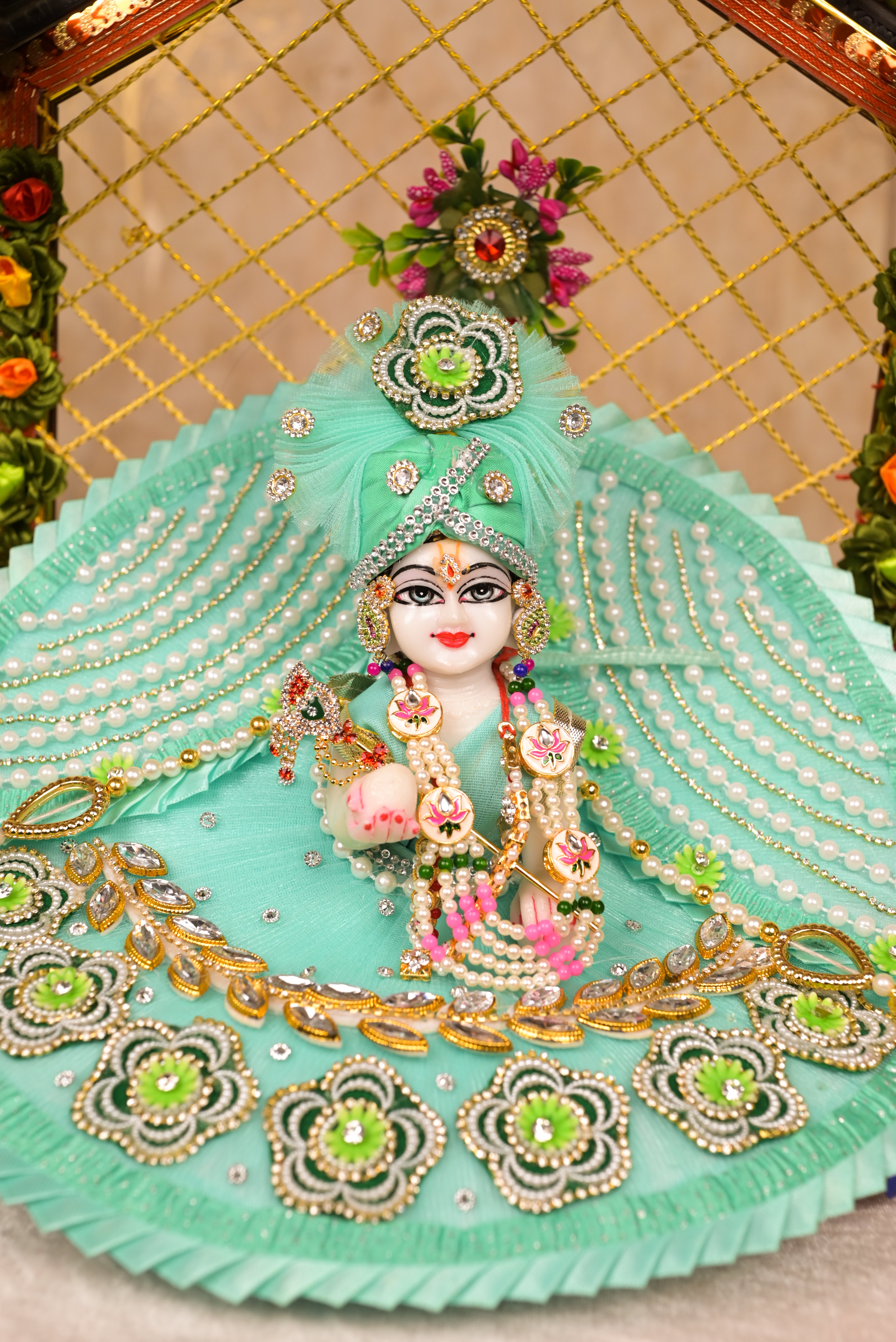 Sea Green Kundan Net Laddu Gopal Poshak