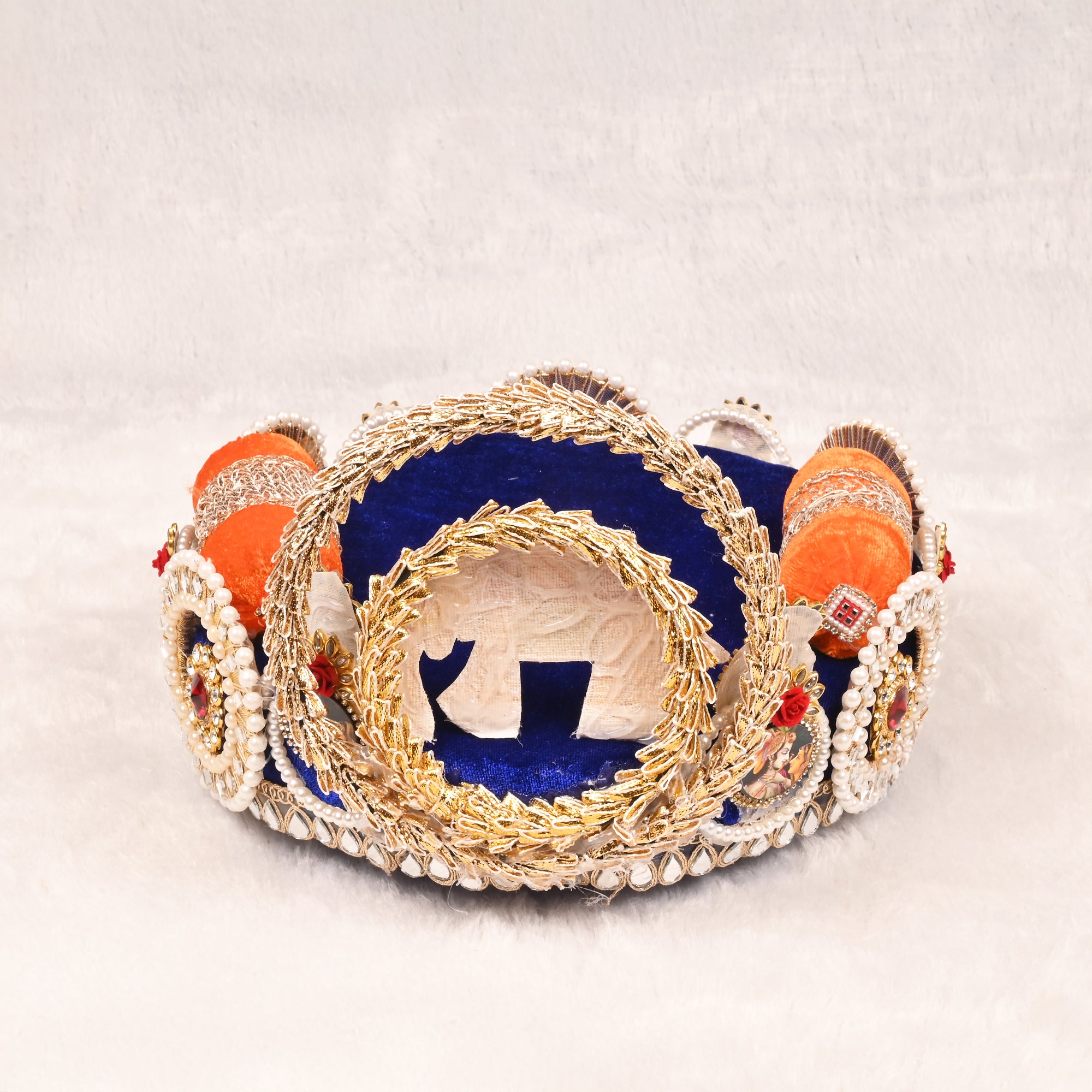 Laddu Gopal Singhasan Blue and Orange Elephant Design with Decorative Arch